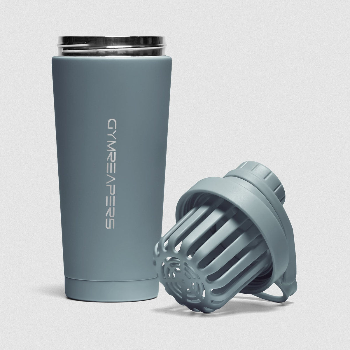 Lake blue Stainless Steel Shaker on white background showcasing shaker unit and removable lid and basket