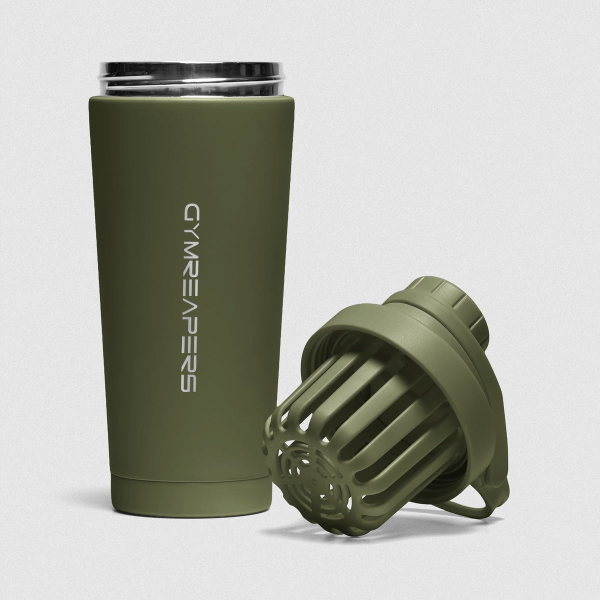 OD Green Stainless Steel Shaker on white background showcasing shaker unit and removable lid and basket