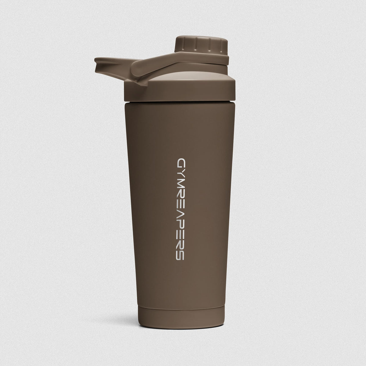 Toffee Brown Stainless Steel Shaker on white background showcasing Gymreapers engraved wordmark logo