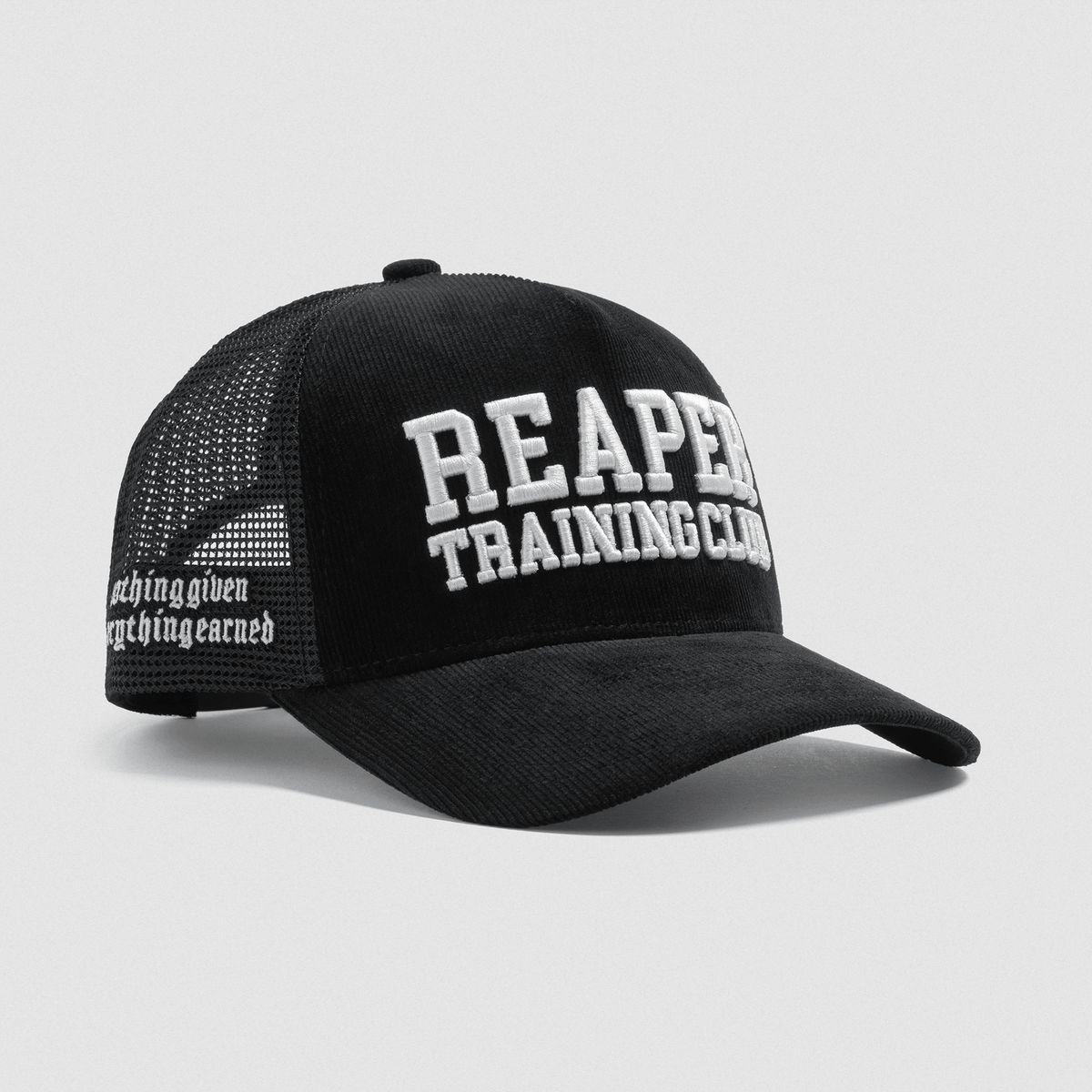 5-Panel Corduroy Reaper Training Club Hat in Black/White – 3/4 Angle, Ghost Shot
