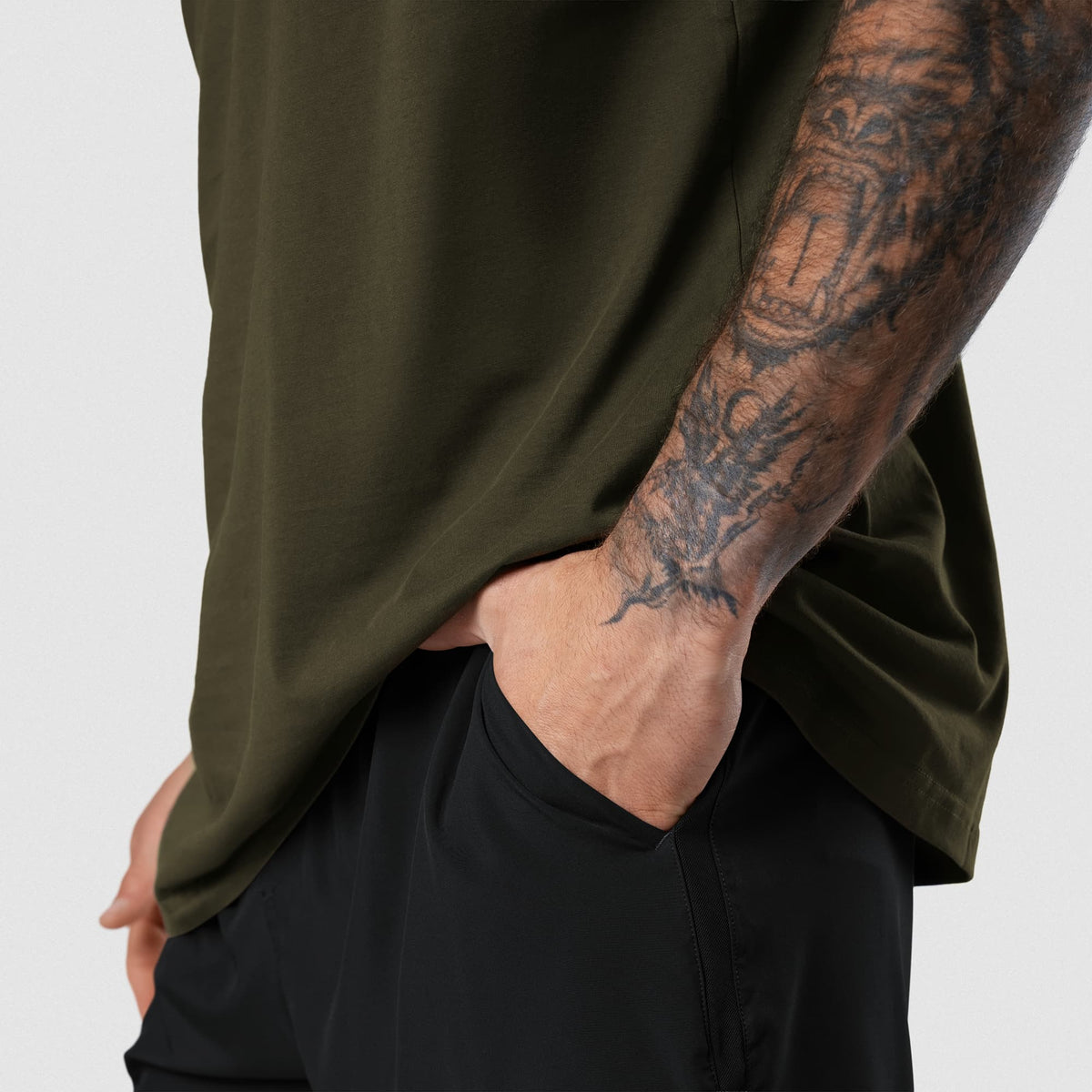 Axis Muscle Tank - OD Green side hem and fit detail