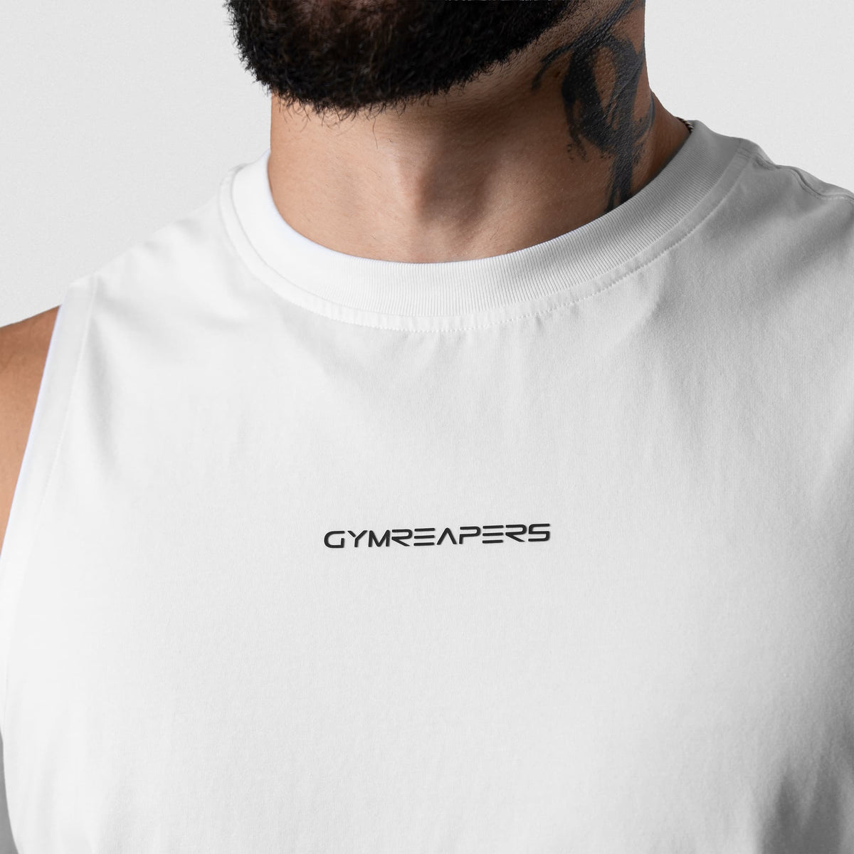 Axis Muscle Tank - White front neckline and logo detail