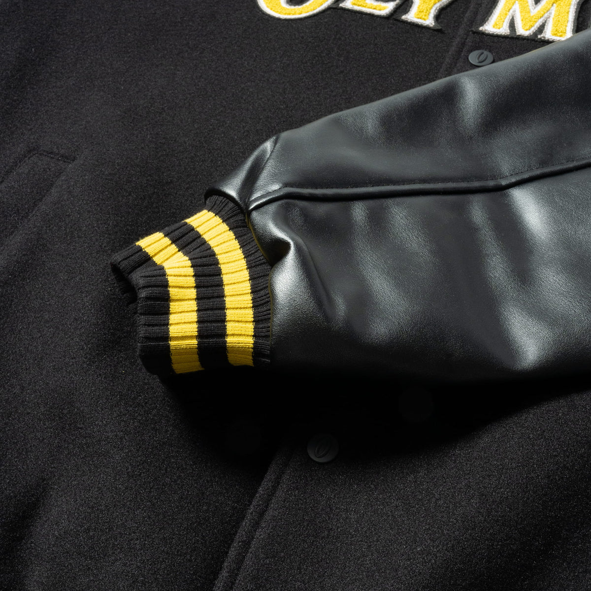 Olympia Champions Gold Varsity Jacket in Black – Leather Sleeve Cuff Detail