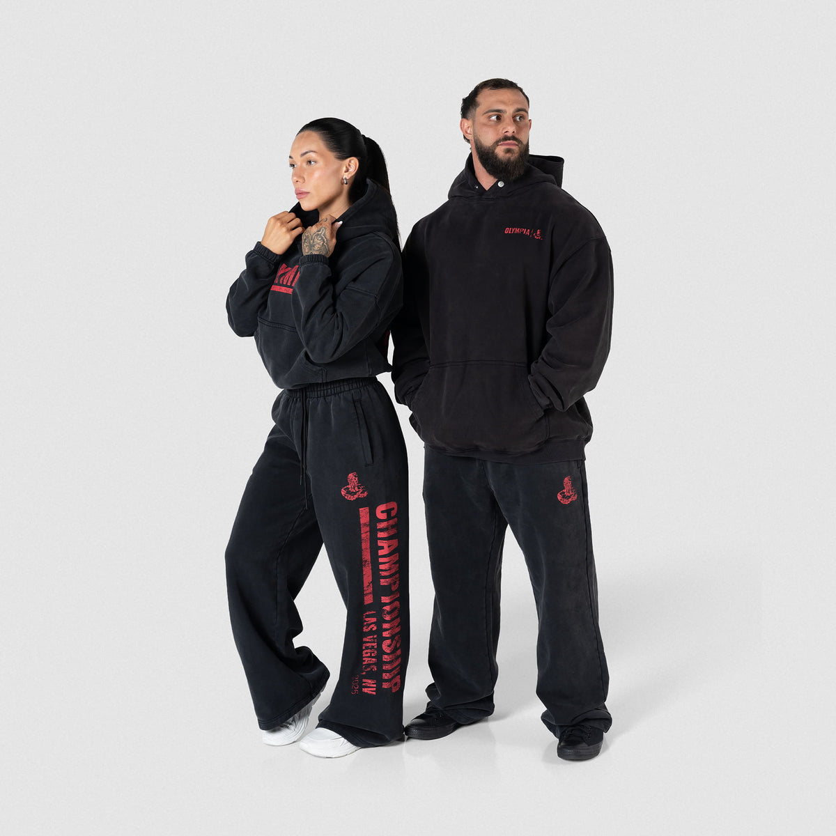 Championship Straight-Leg Jogger on a male model next to a female model wearing the women's version