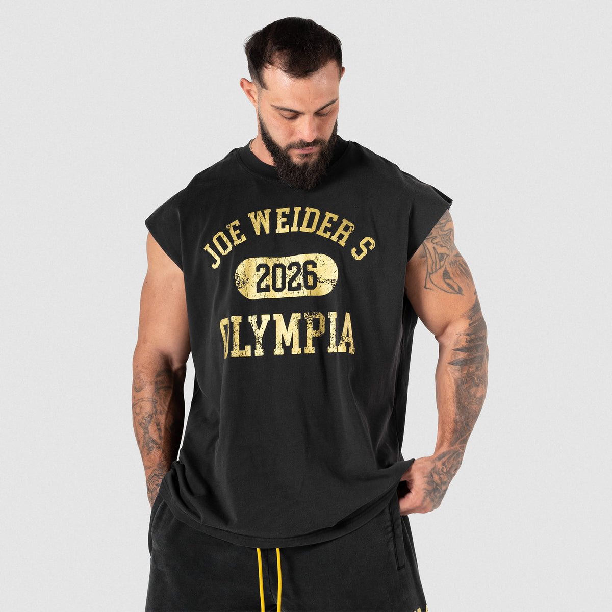 Front view of Male model wearing the Joes Olympia Cut-Off tank top