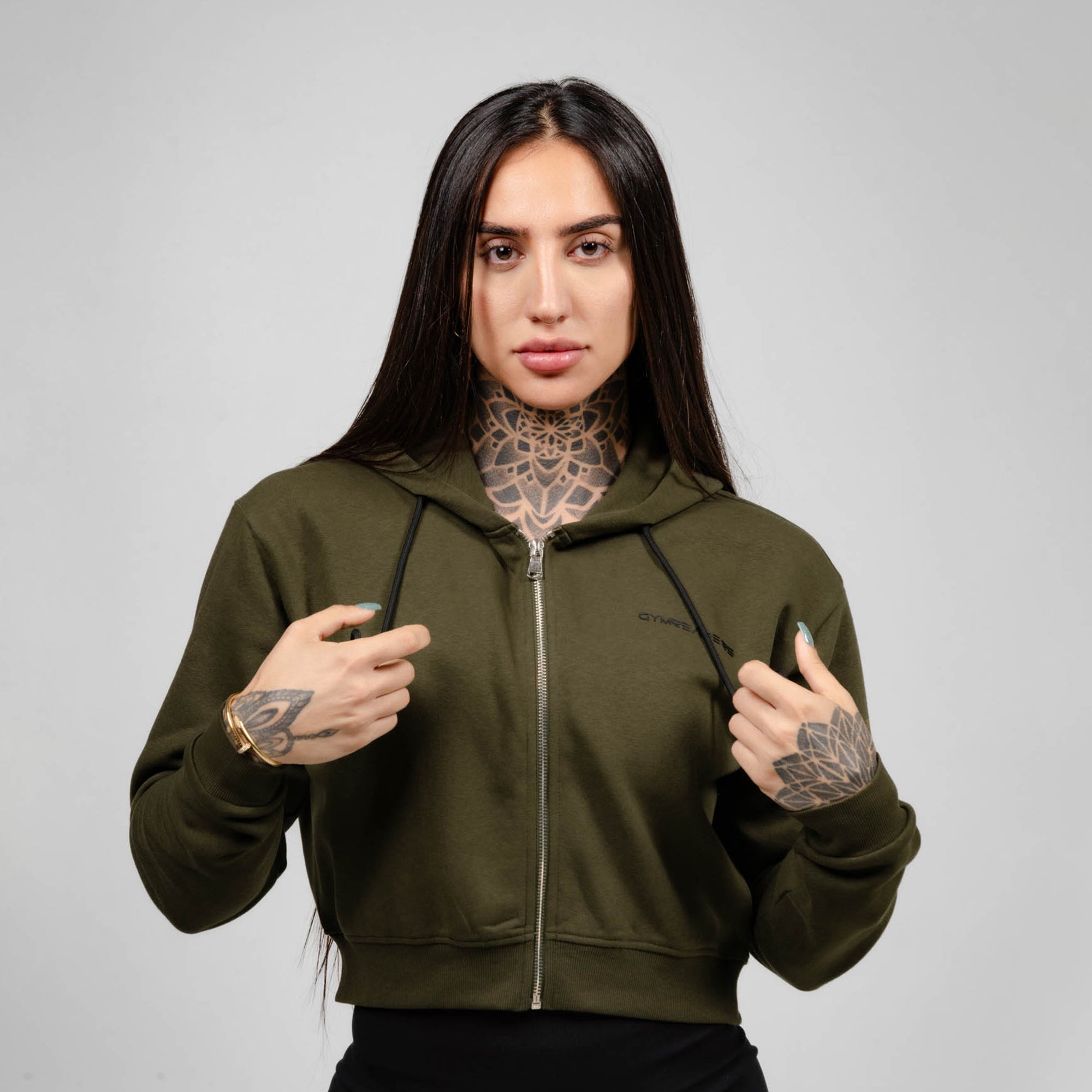 Cropped Zip-Up Hoodie OD Green/Black