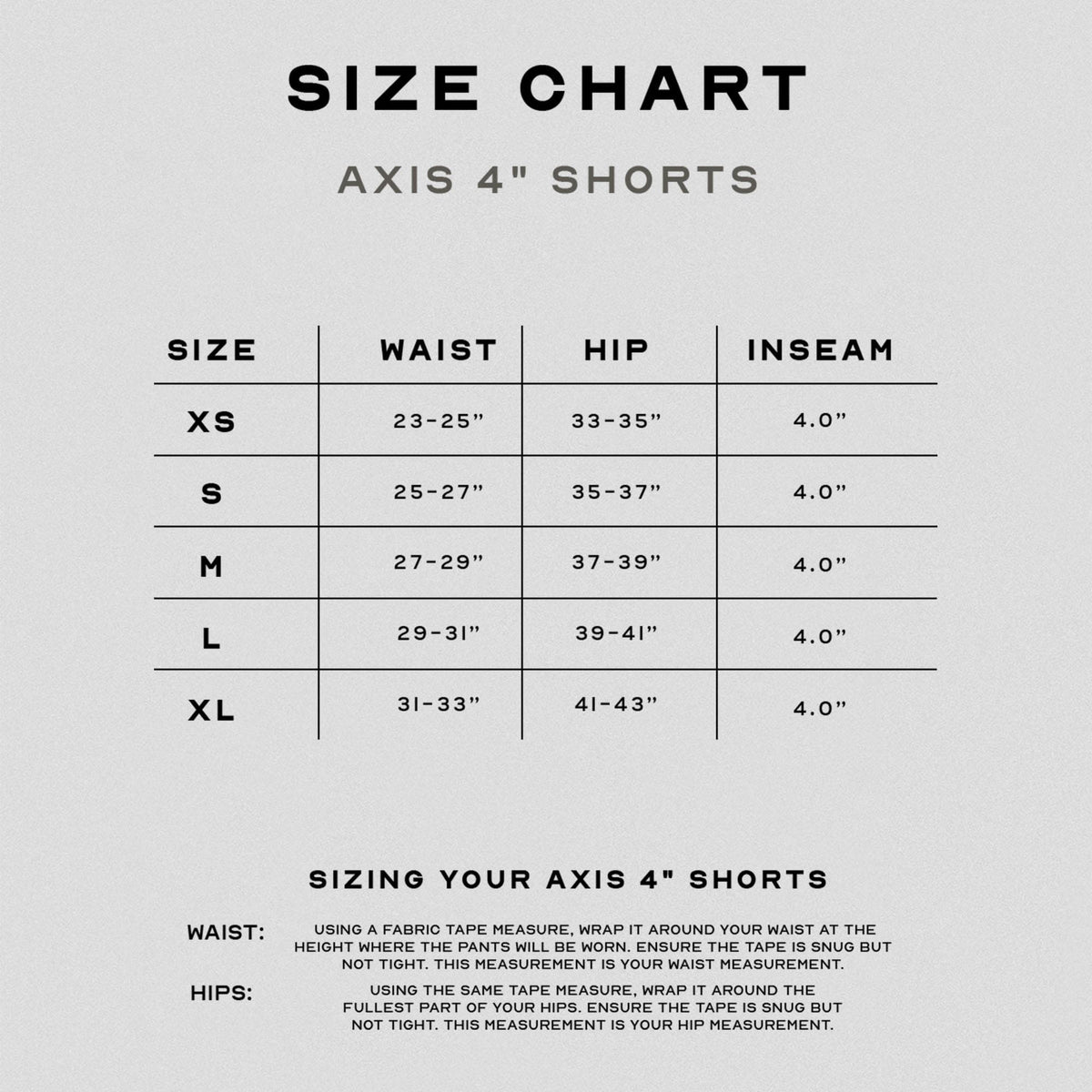 Axis 4" Shorts size chart