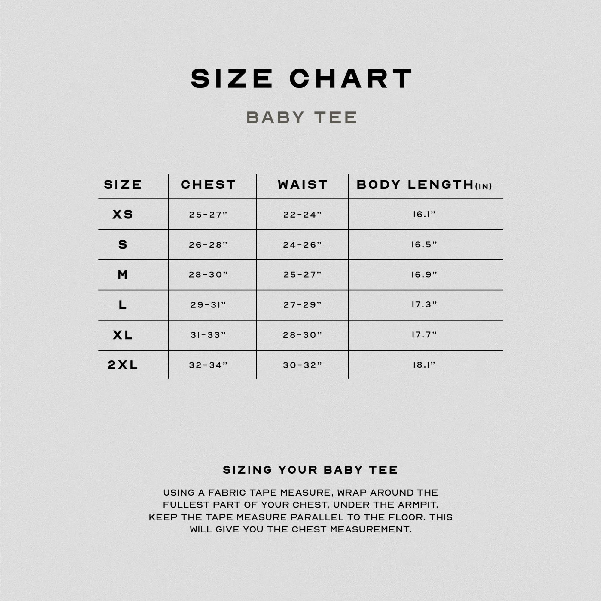 axis baby tee size chart
