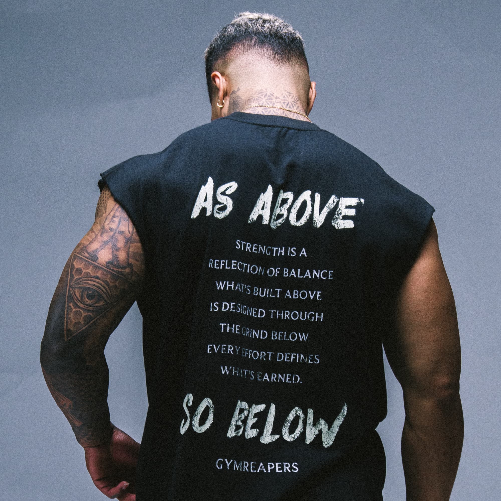 Lifestyle image showing full back graphic on model.