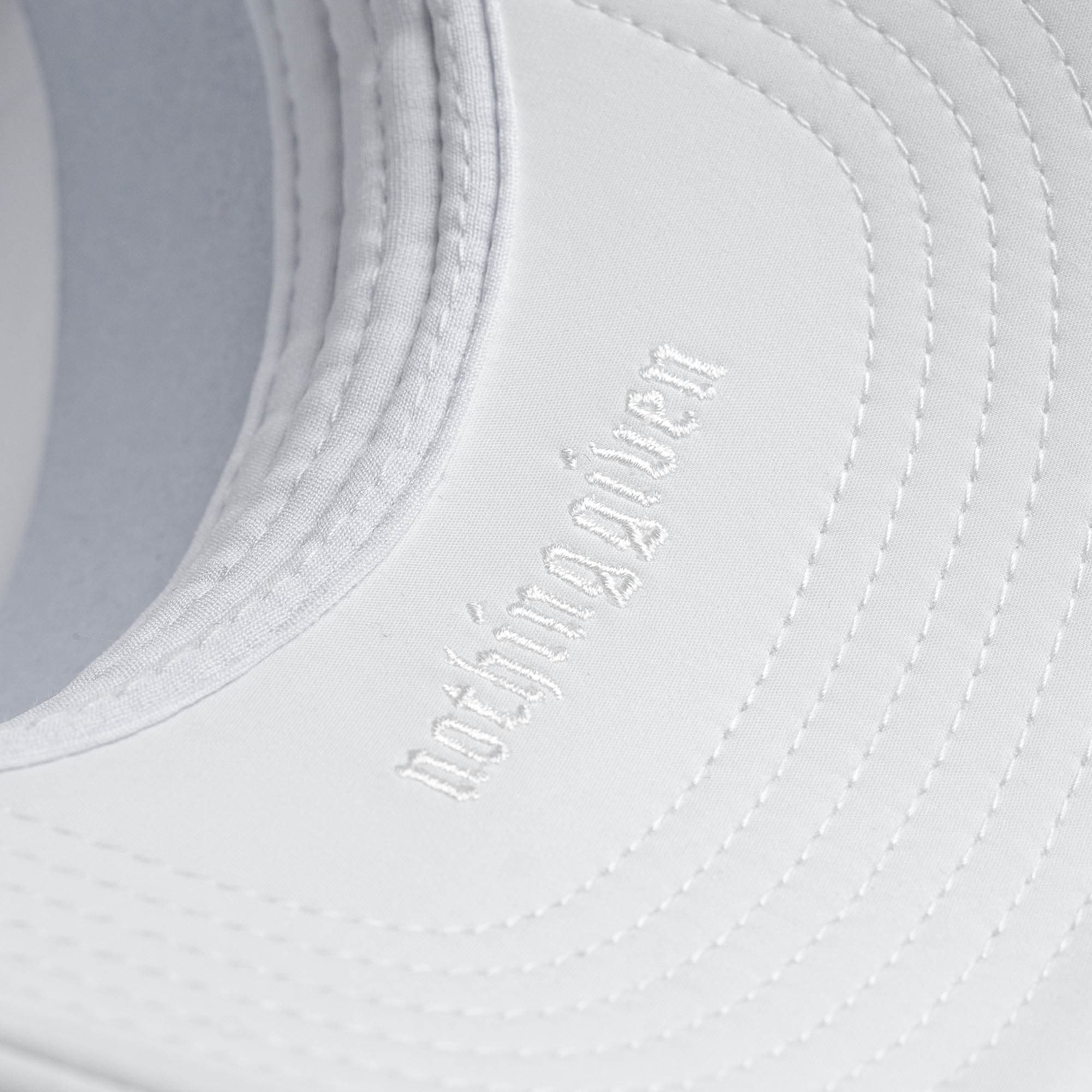 Hybrid Performance 5-Panel Hat - White/White detail shot of inside logo