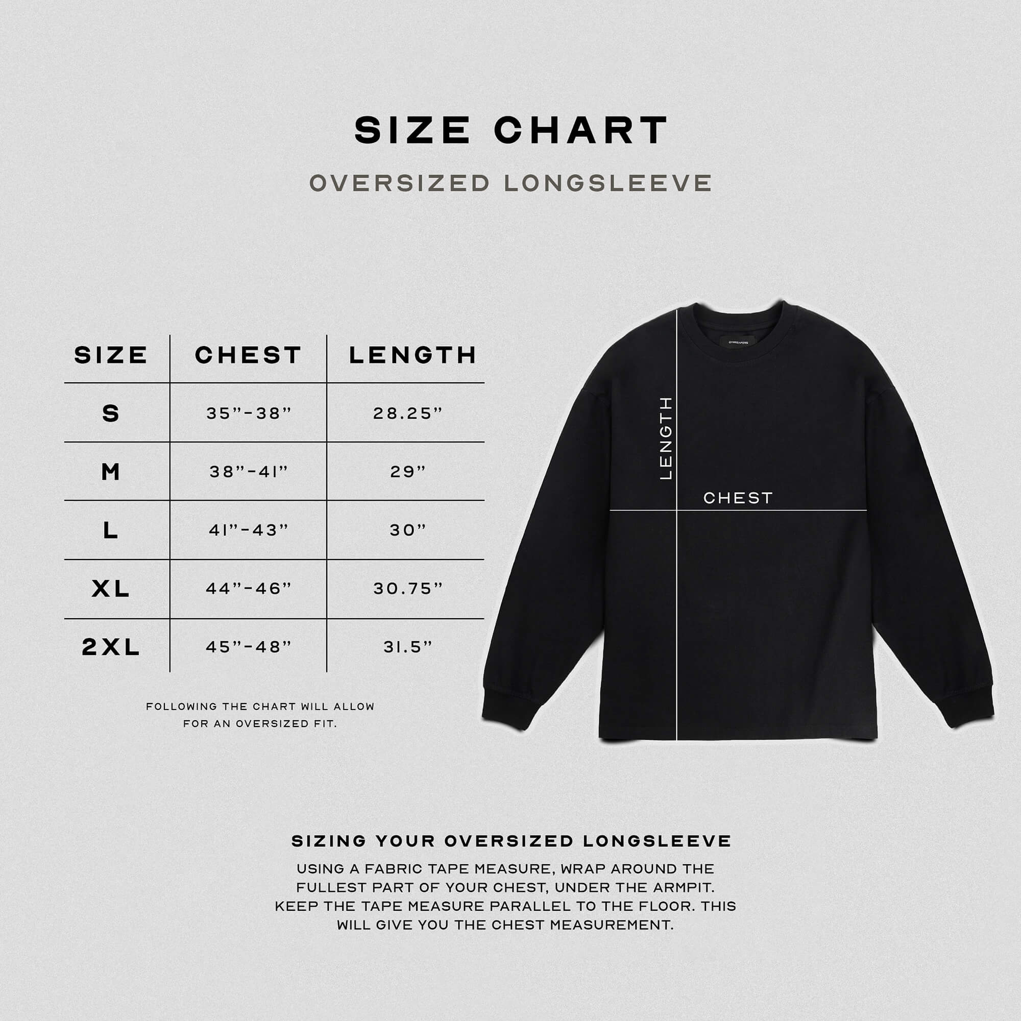 oversized longsleeve size chart