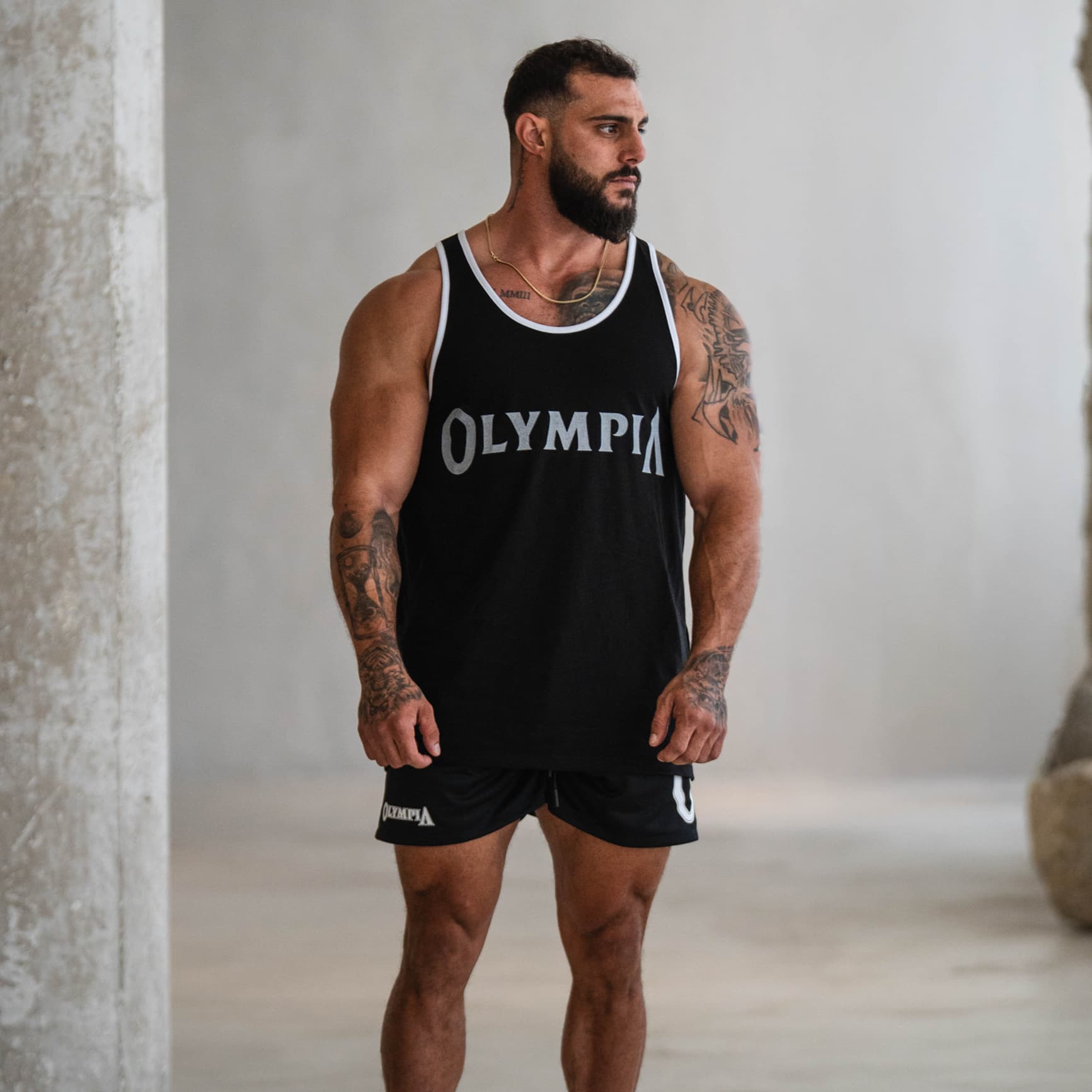 full body shot of athlete wearing the olympia bound edge stringer front view