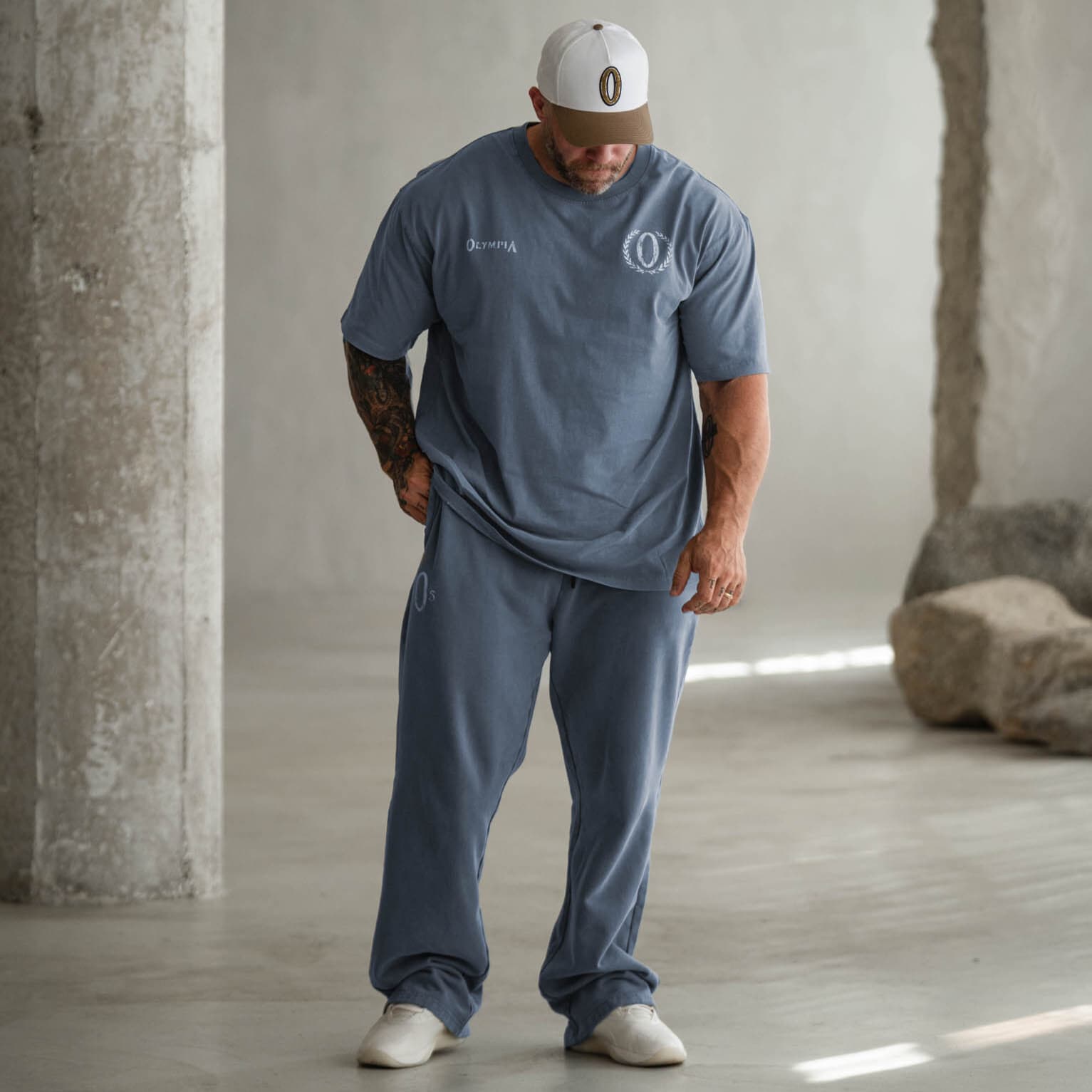 Full body front view in Olympia pale blue jogger set