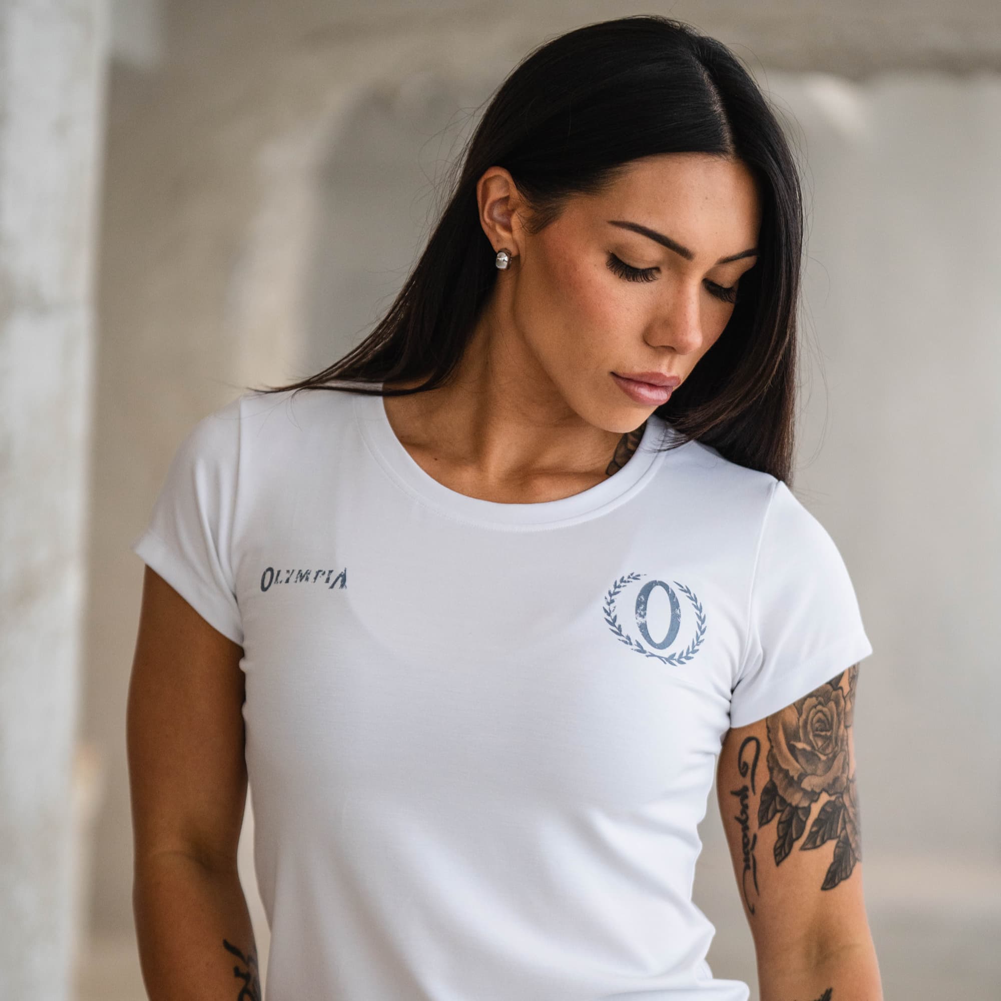 Olympia Full Length Training Tee front view close up of graphics