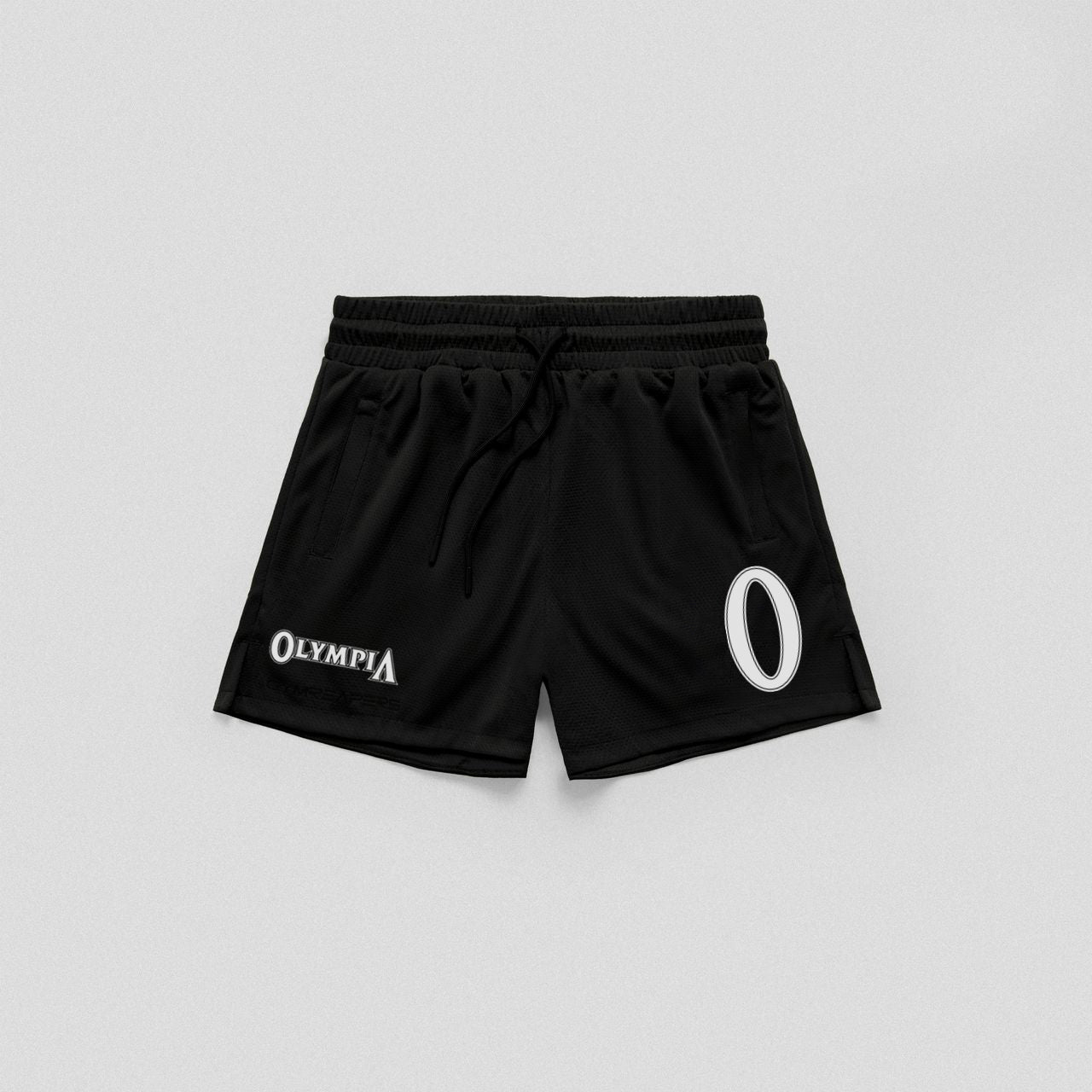 Olympia O Mesh Shorts flat lay front view.