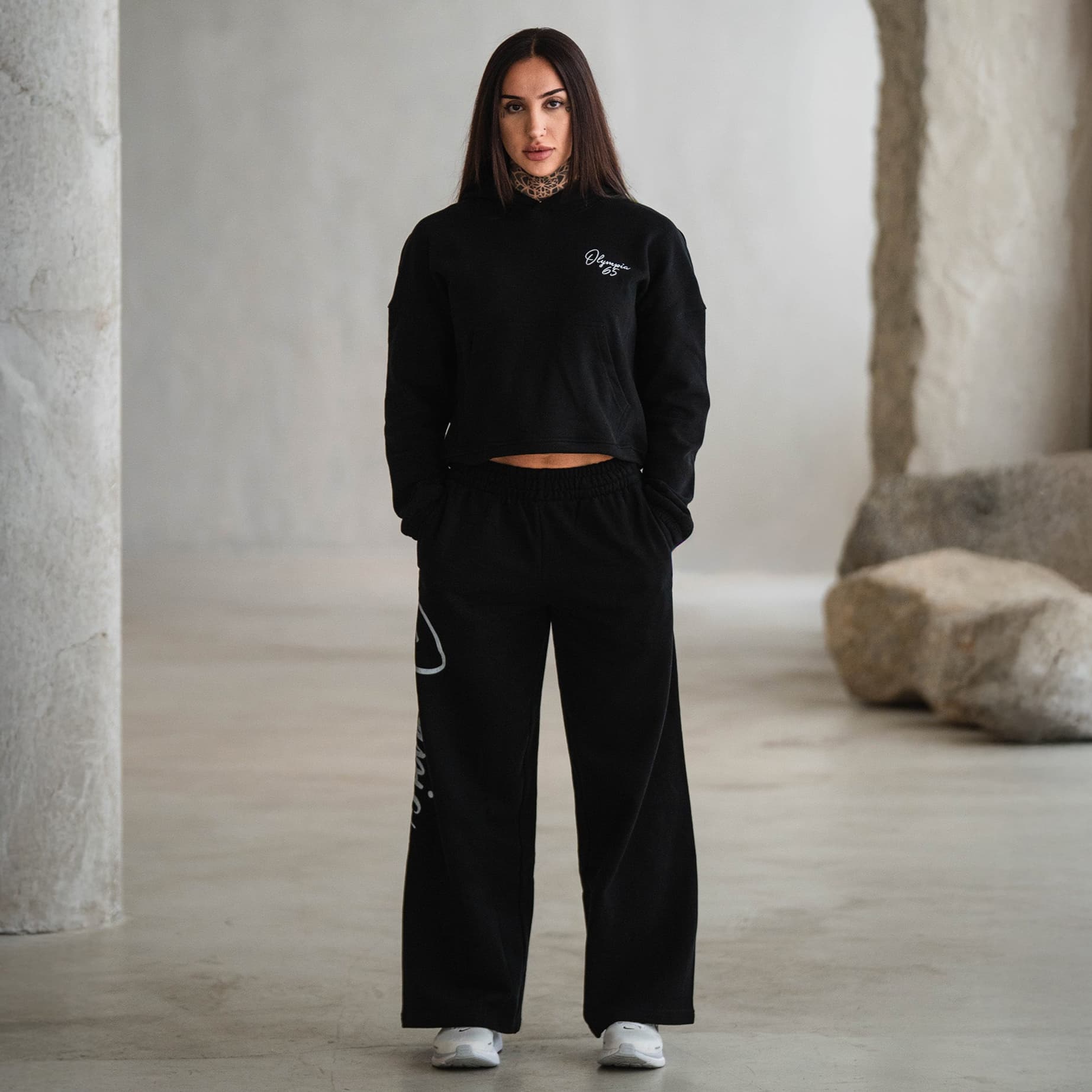 Olympia Script Cropped Hoodie full body shot