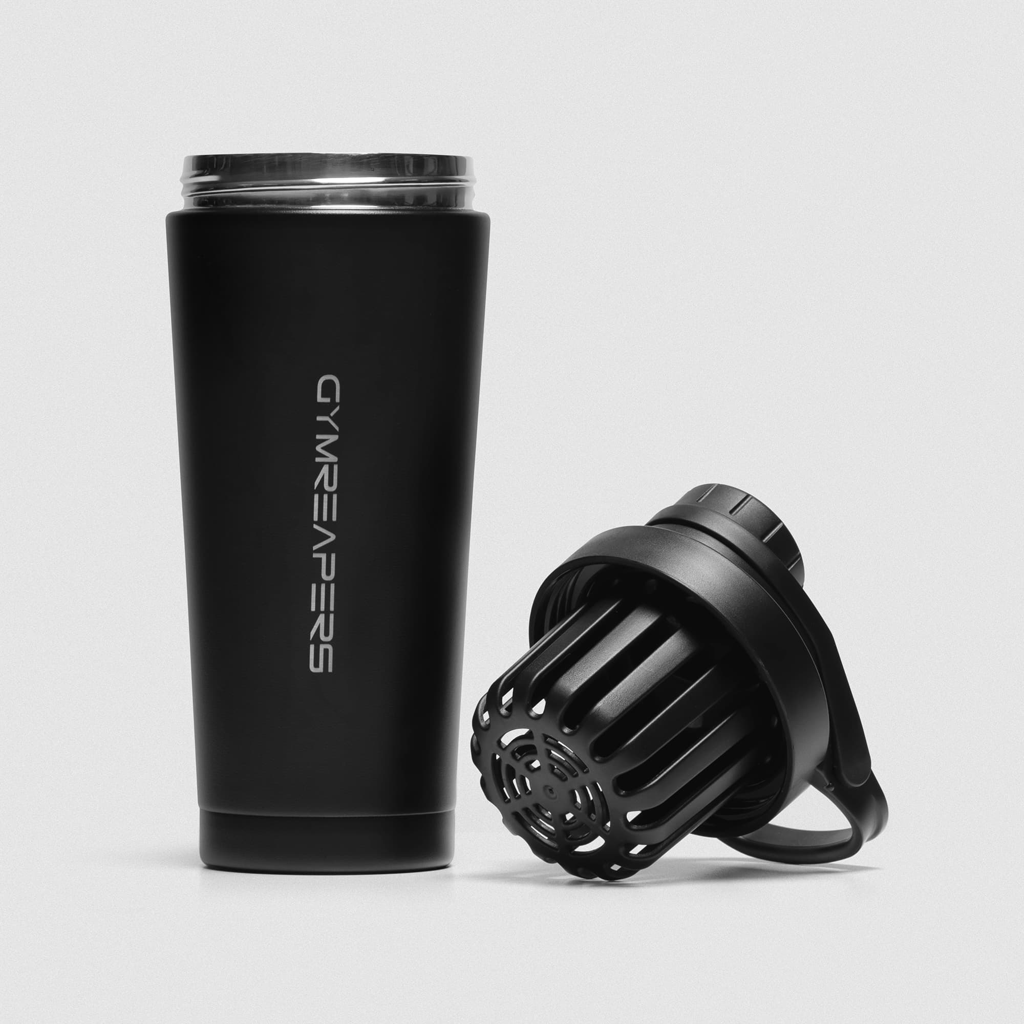 Black Stainless Steel Shaker studio shot showcasing bottle and mixer basket