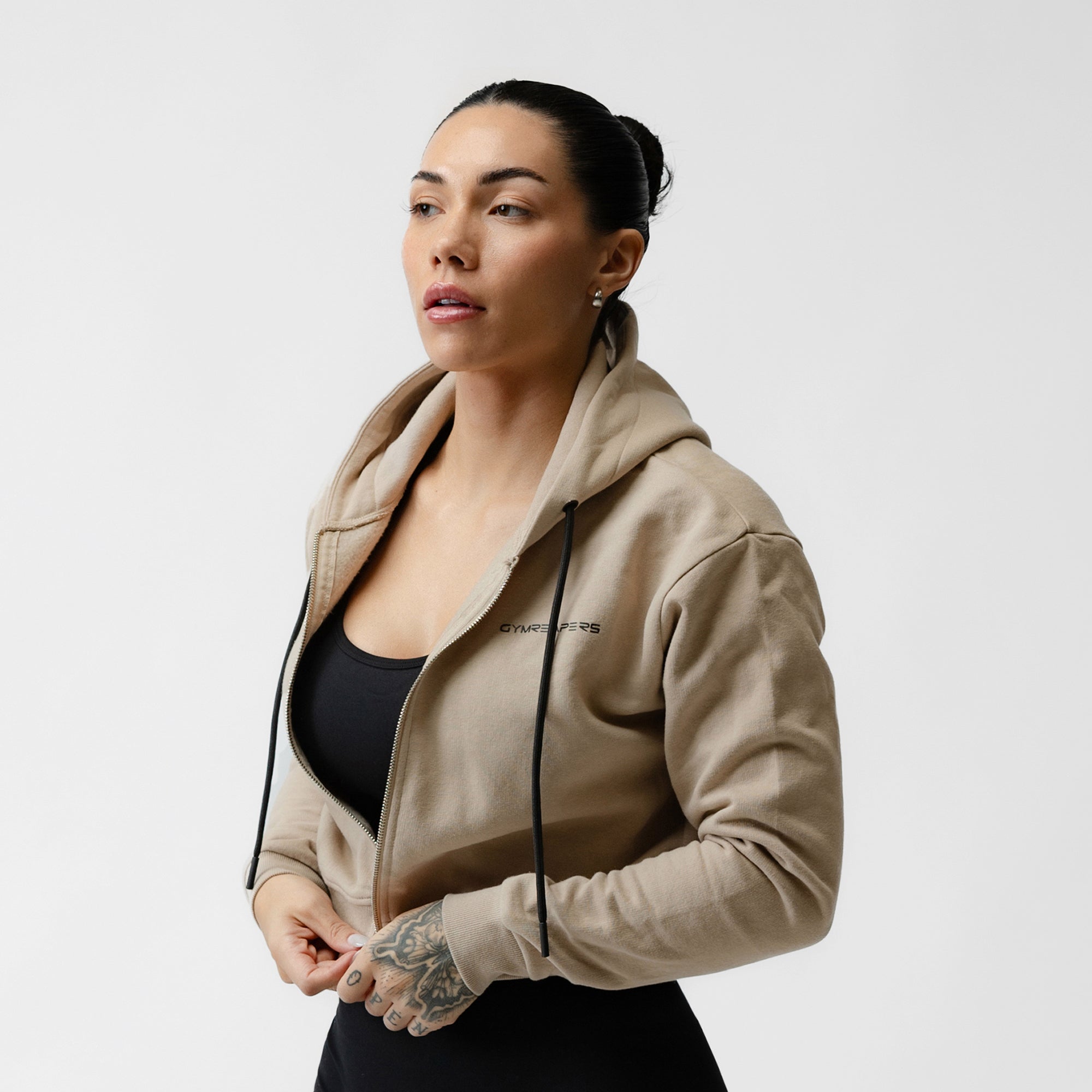 Cropped Zip-Up Hoodie Tan - Main Image