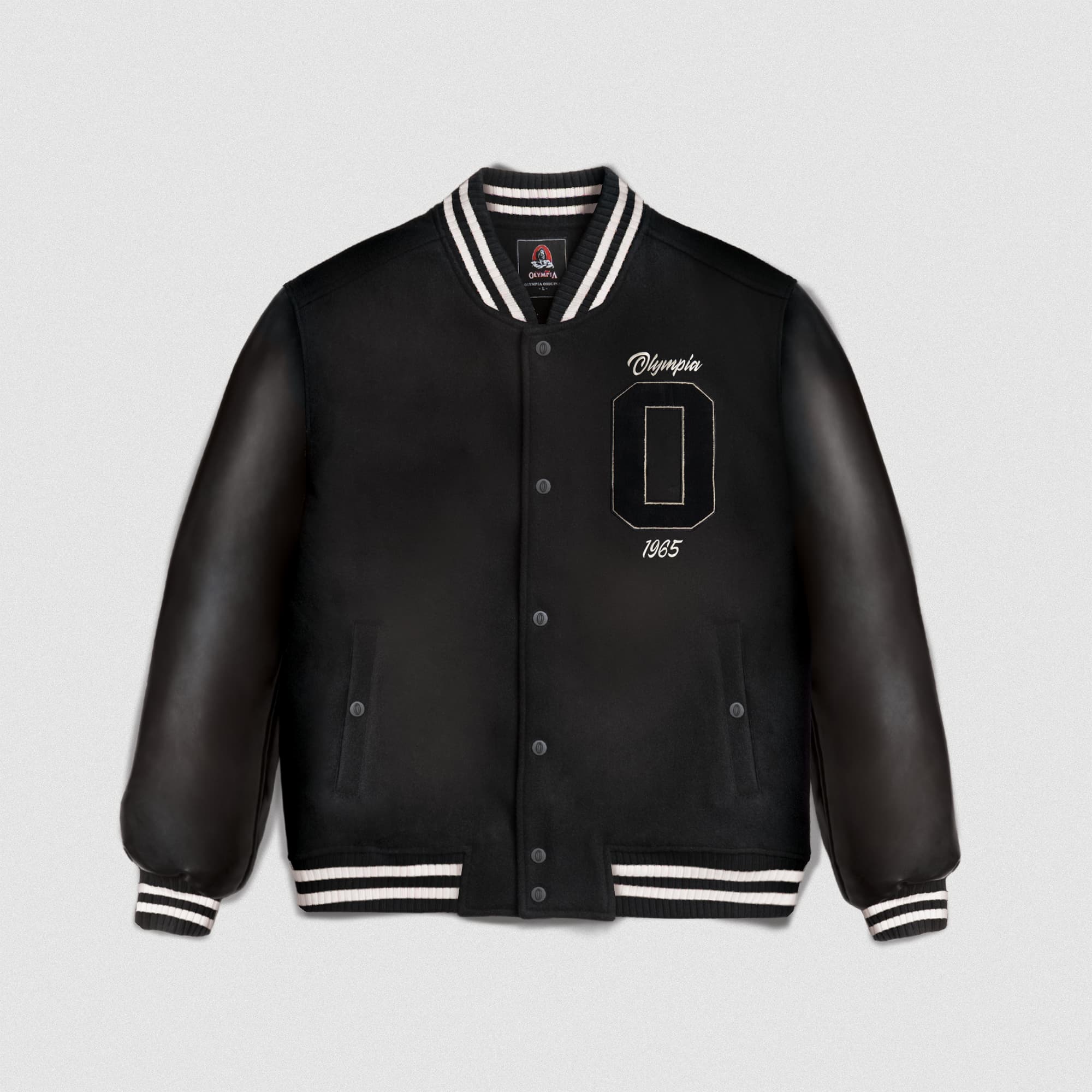 Olympia O Varsity Jacket lay flat front view