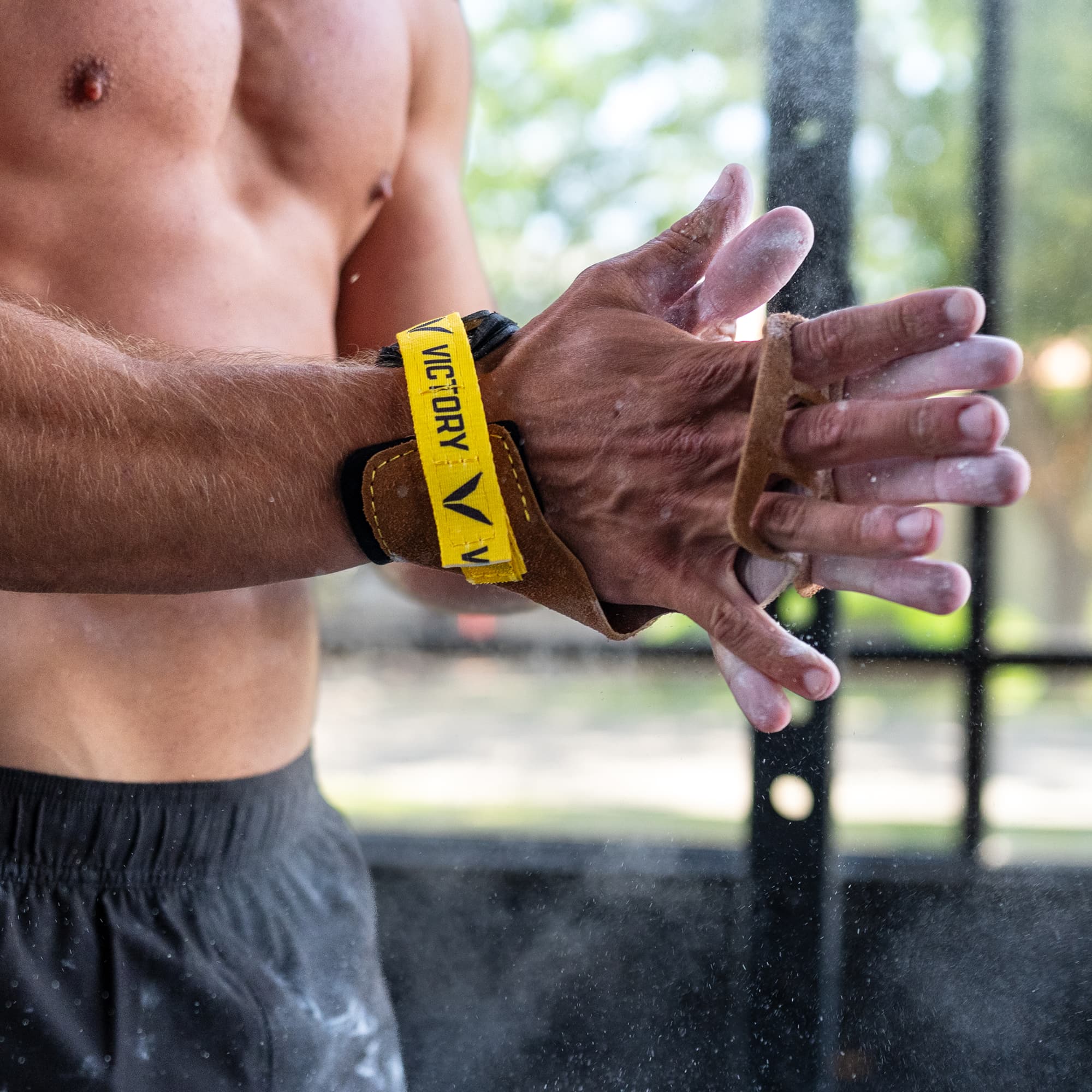 Men's V-Series 3-FC Leather in Tan – Wrist Wrap in Use, Close-Up