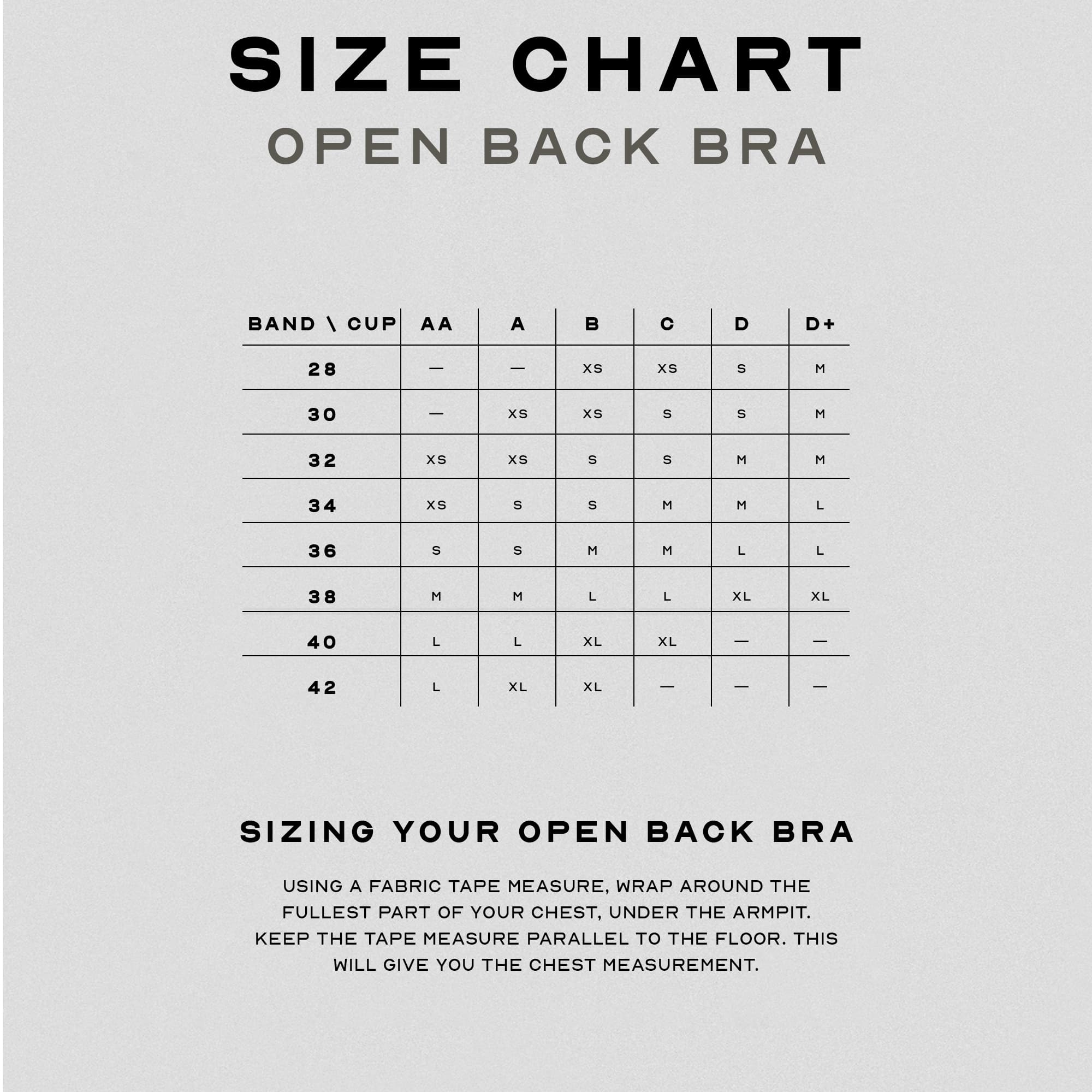 open back bra size chart