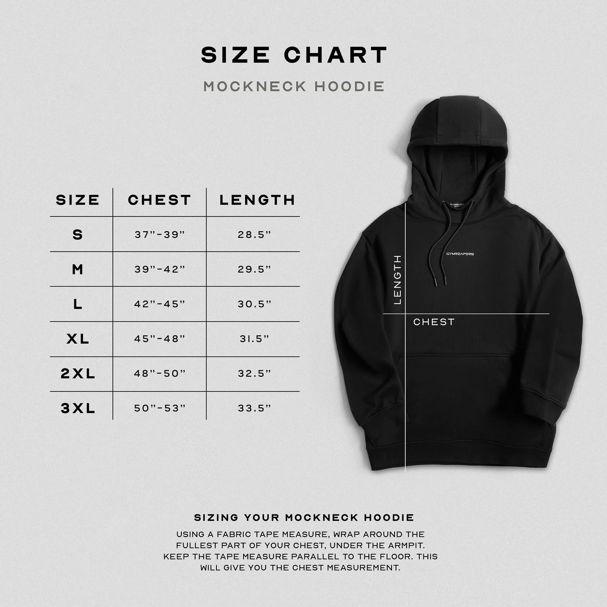 axis mockneck hoodie black white size guide