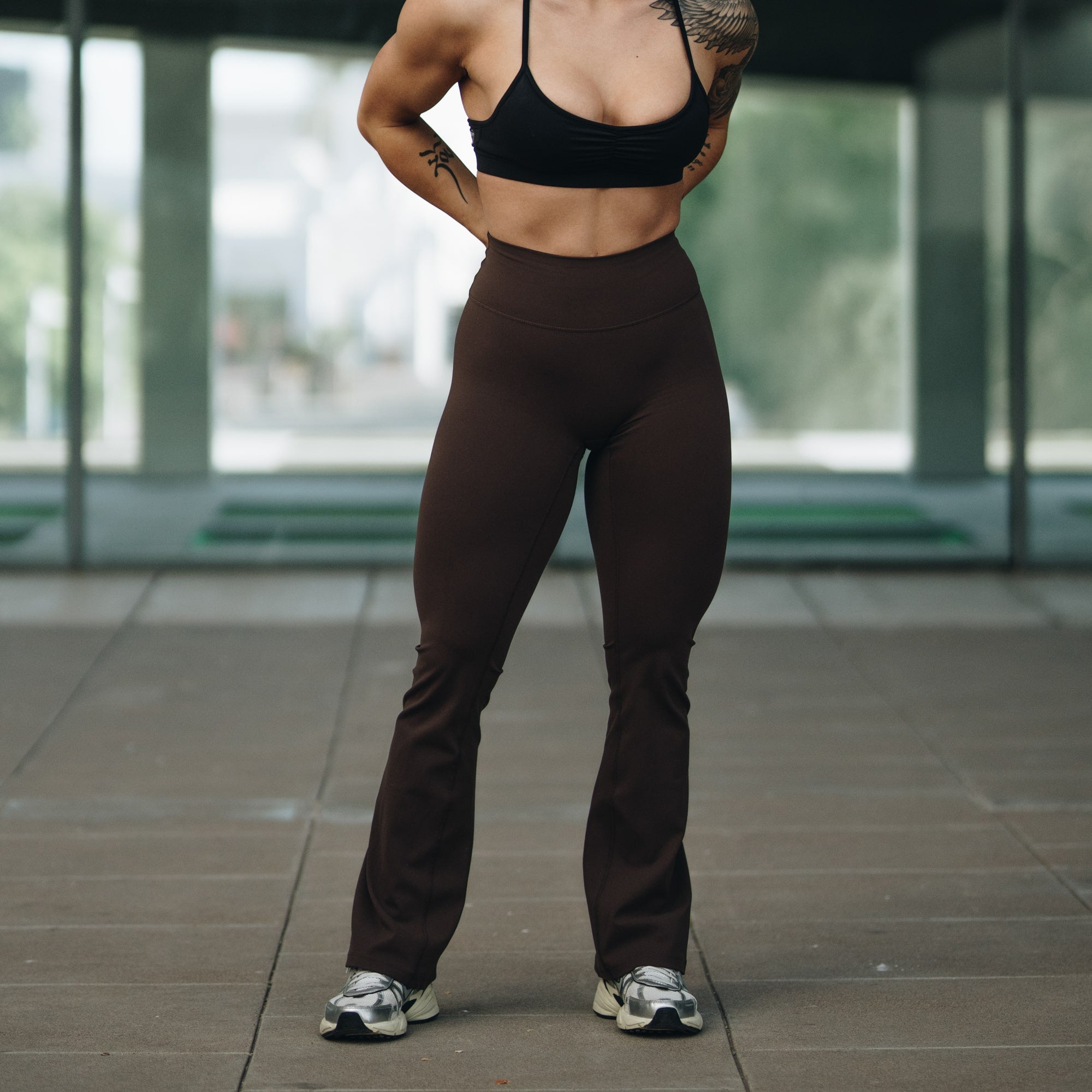 flare leggings brown front close up