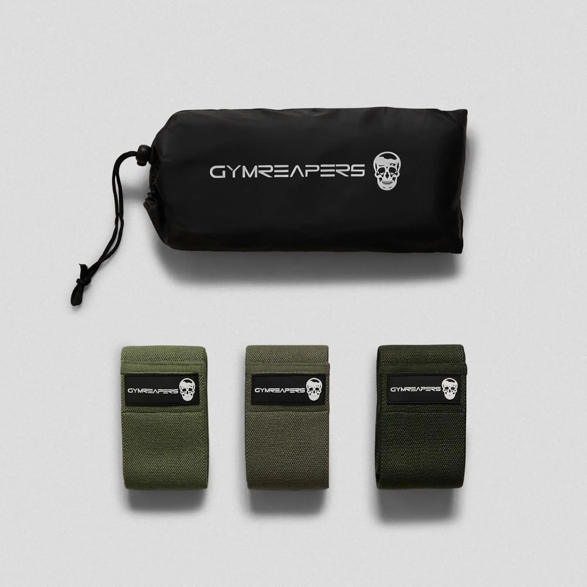 photo of 3 pack military green hip bands side by side with carry bag on gray background