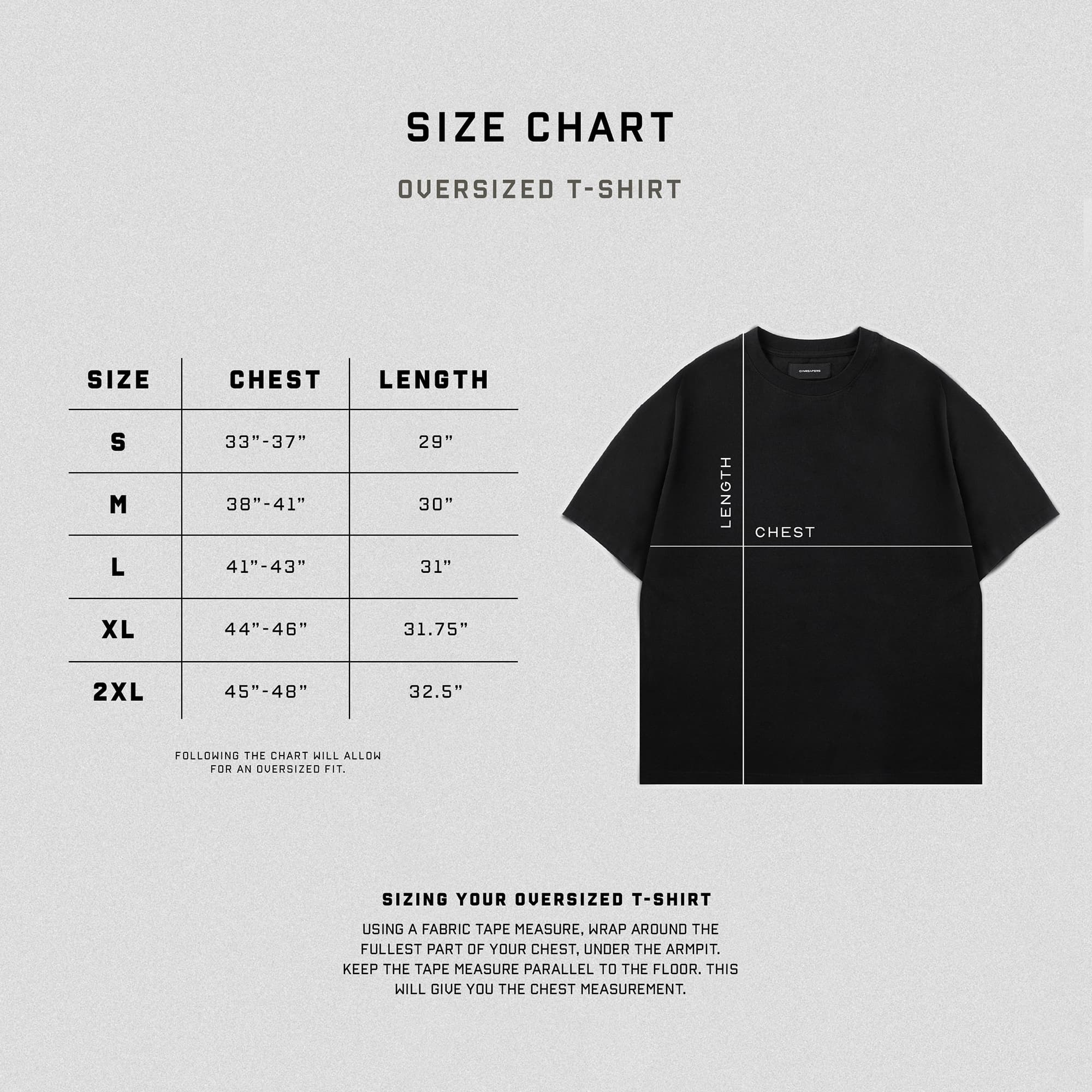Oversized t-shirt size chart.