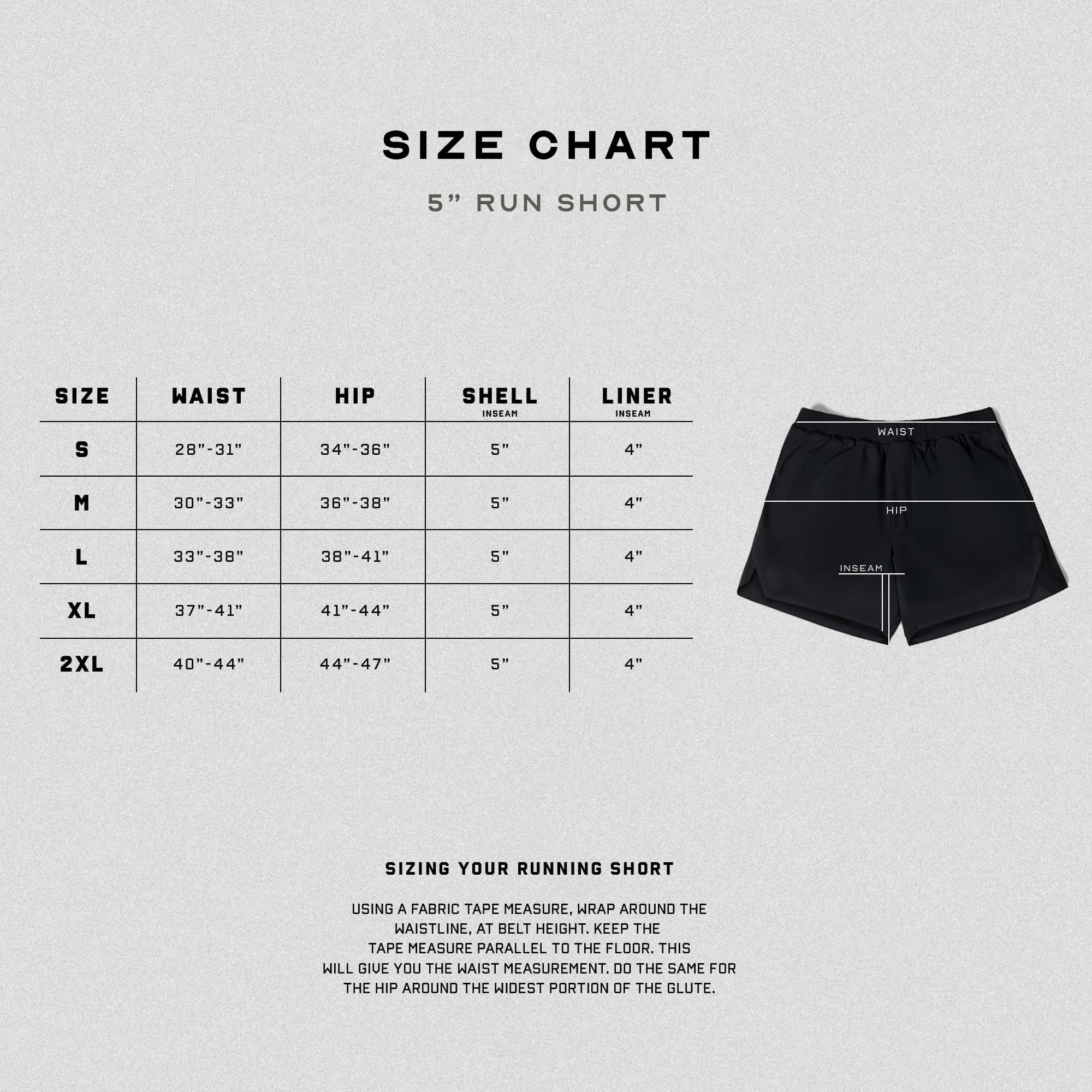 5" run short size chart