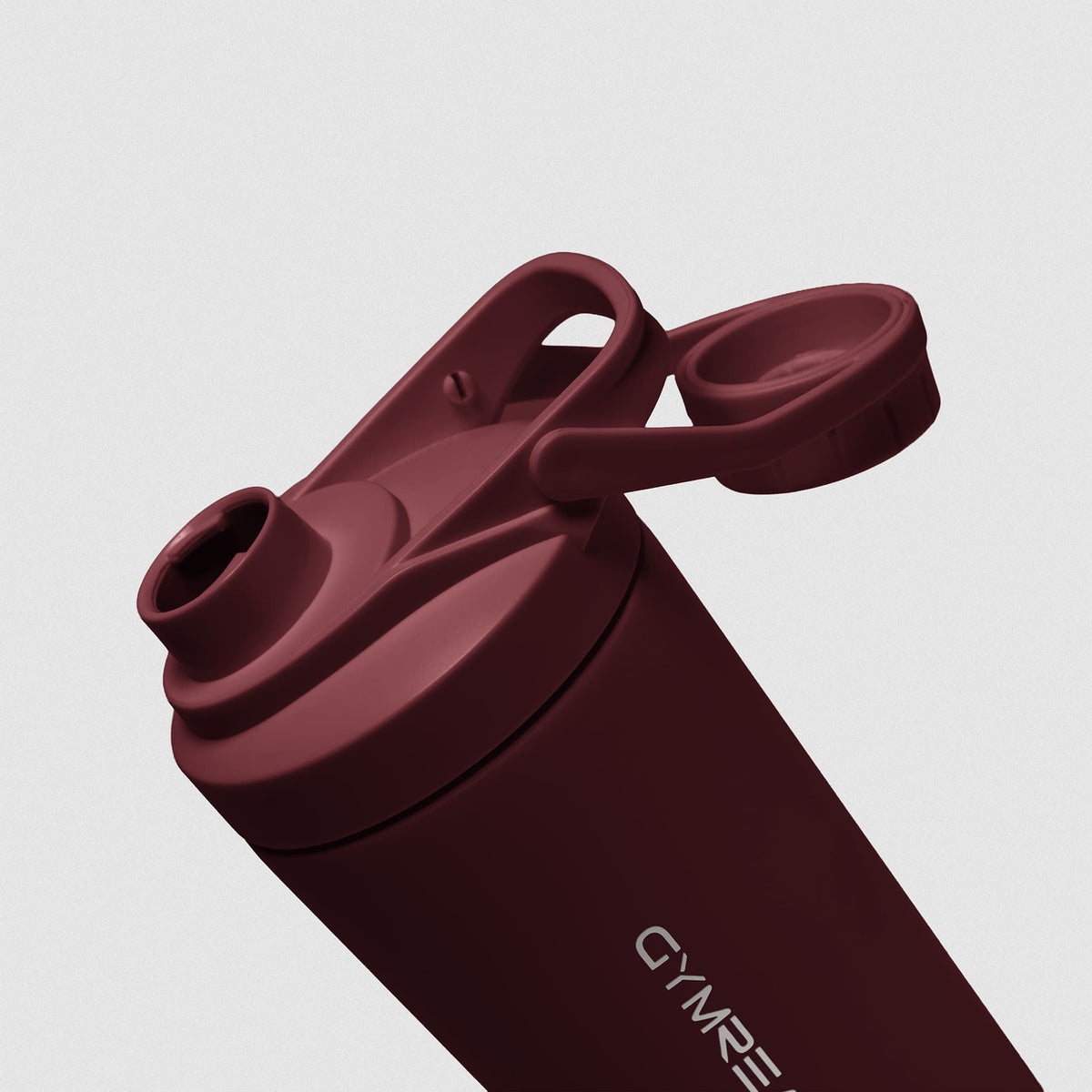 Burgundy red Stainless Steel Shaker on white background showcasing shaker lid with open flip top