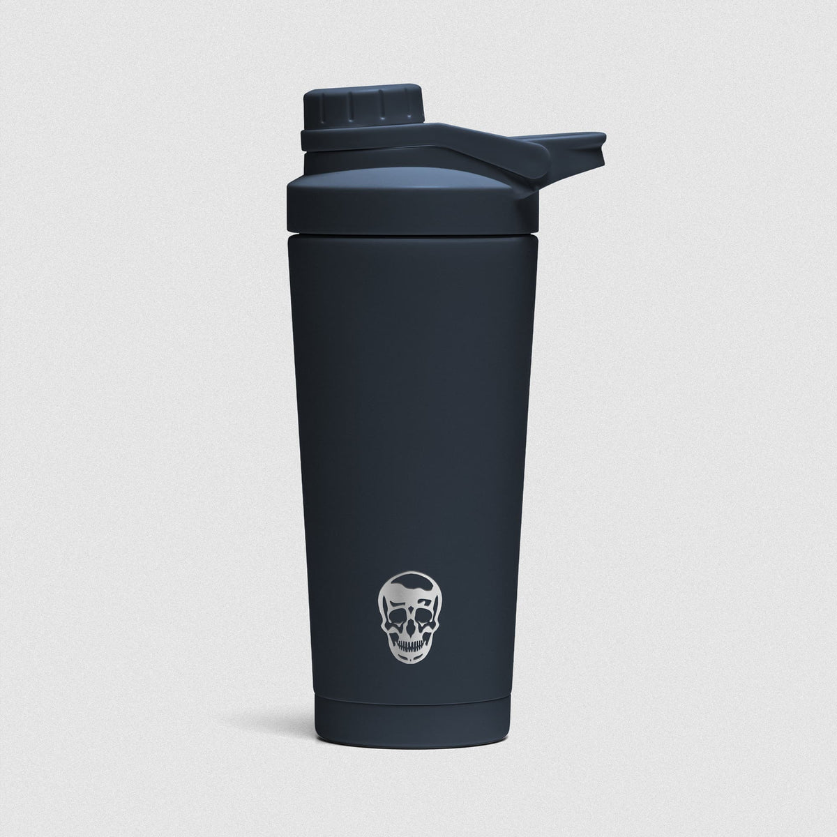 Navy Blue Stainless Steel Shaker on white background showcasing Gymreapers engraved skull logo
