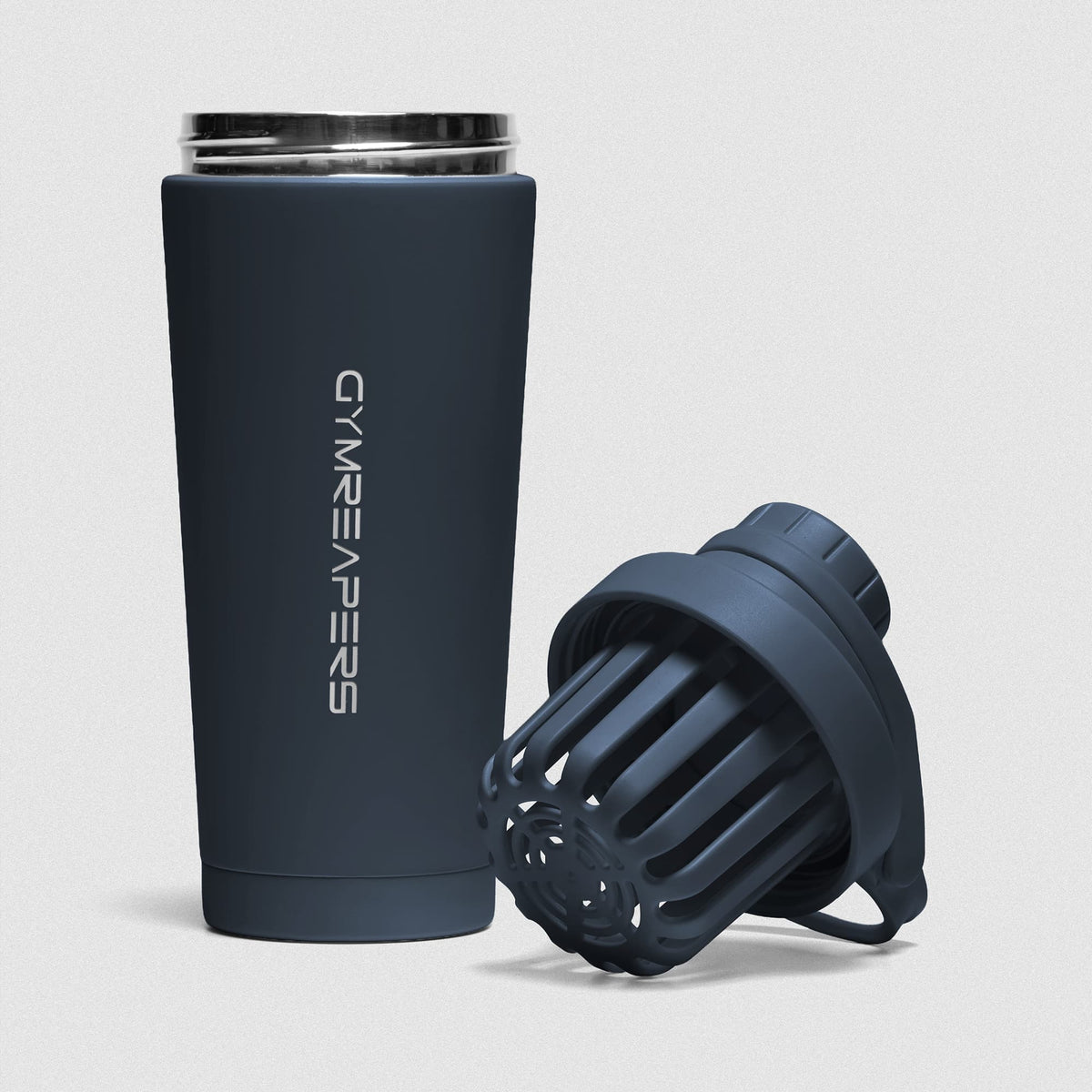 Navy Blue Stainless Steel Shaker on white background showcasing shaker unit and removable lid and basket