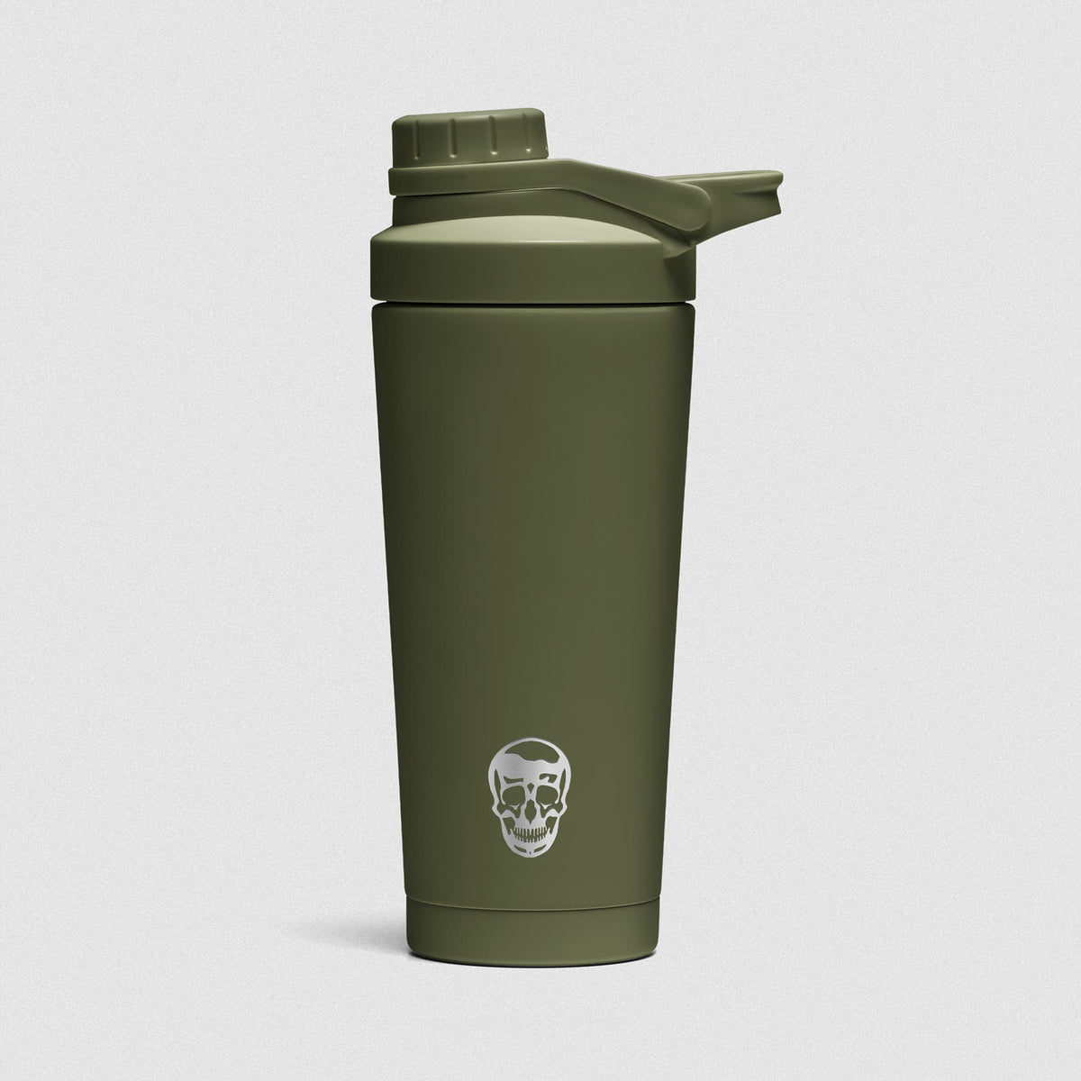 OD Green Stainless Steel Shaker on white background showcasing Gymreapers engraved skull logo