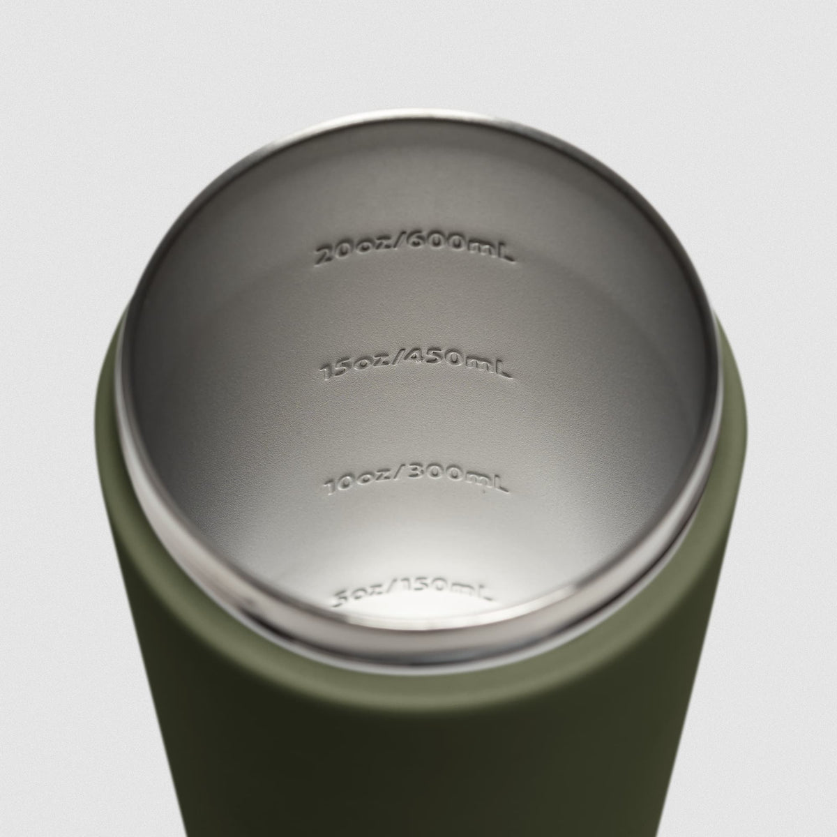 OD Green Stainless Steel Shaker on white background showcasing inside of shaker and measurement lines