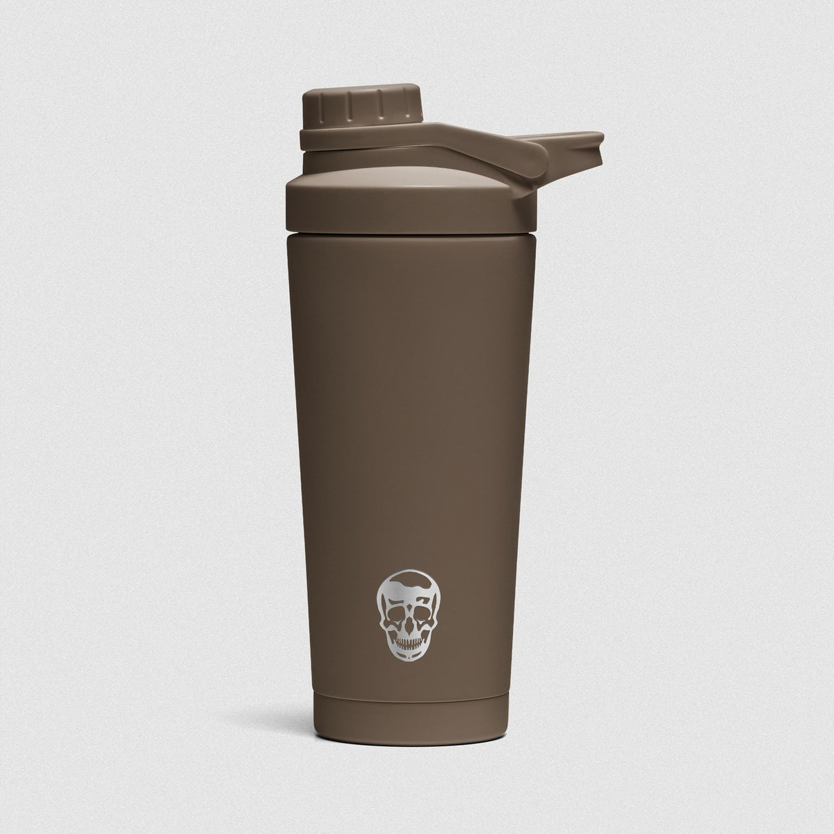Toffee Brown Stainless Steel Shaker on white background showcasing Gymreapers engraved skull logo