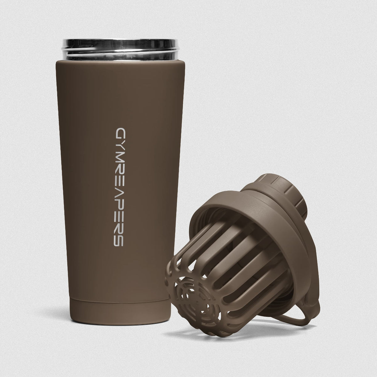 Toffee Brown Stainless Steel Shaker on white background showcasing shaker unit and removable lid and basket