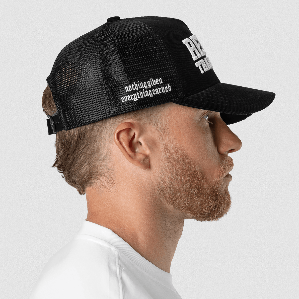 5-Panel Corduroy Reaper Training Club Hat in Black/White – On Model, Front View