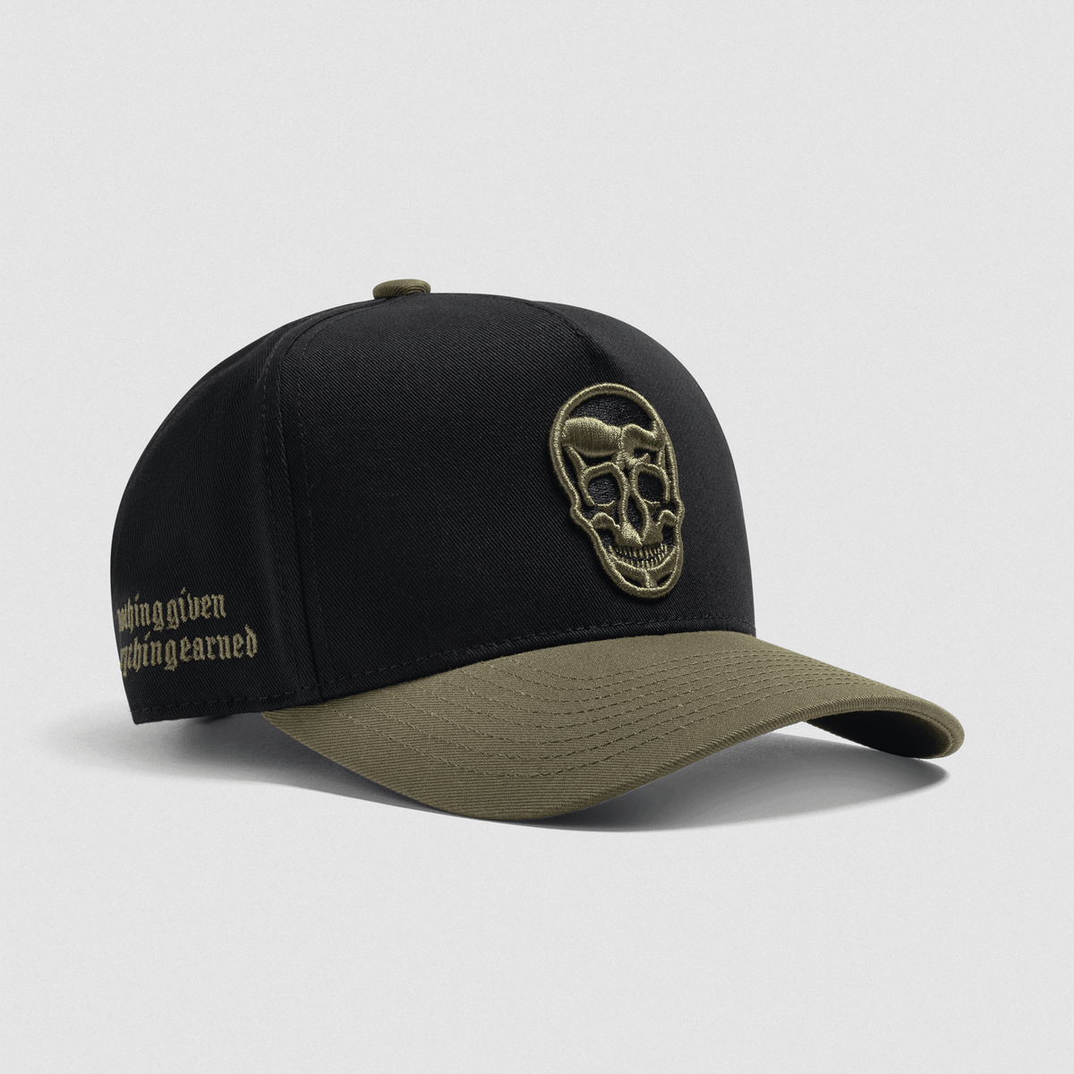5-Panel Skull Hat in Black/Green – 3/4 Angle, Ghost Shot
