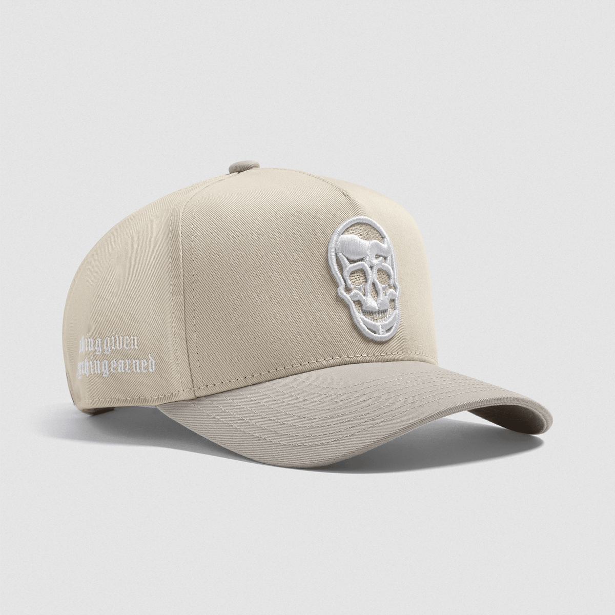 5-Panel Skull Hat in Cream/Grey – 3/4 Angle, Ghost Shot