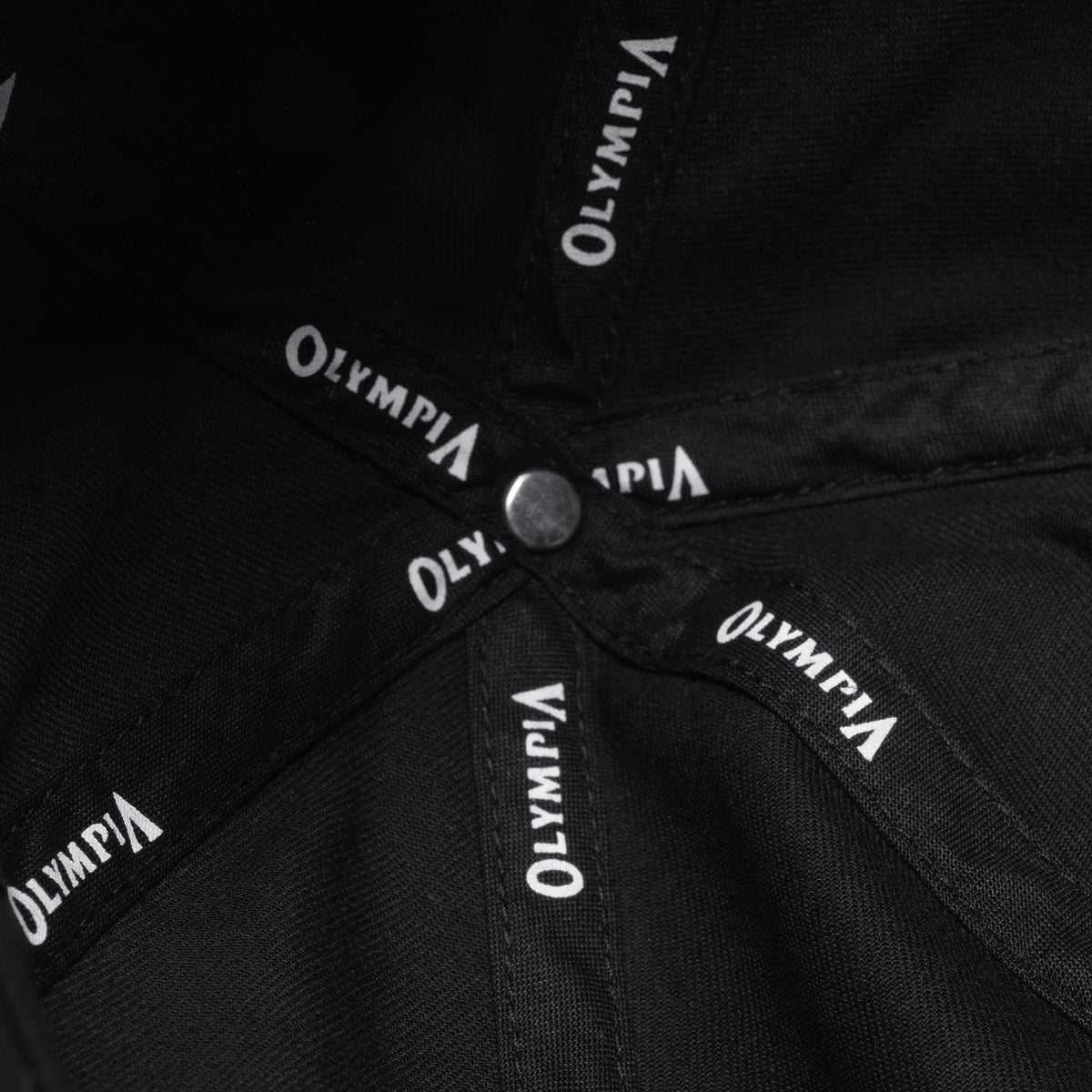 Inside of the Micro Joe Dad Hat that displays the Olympia text on the internal structure of the hat