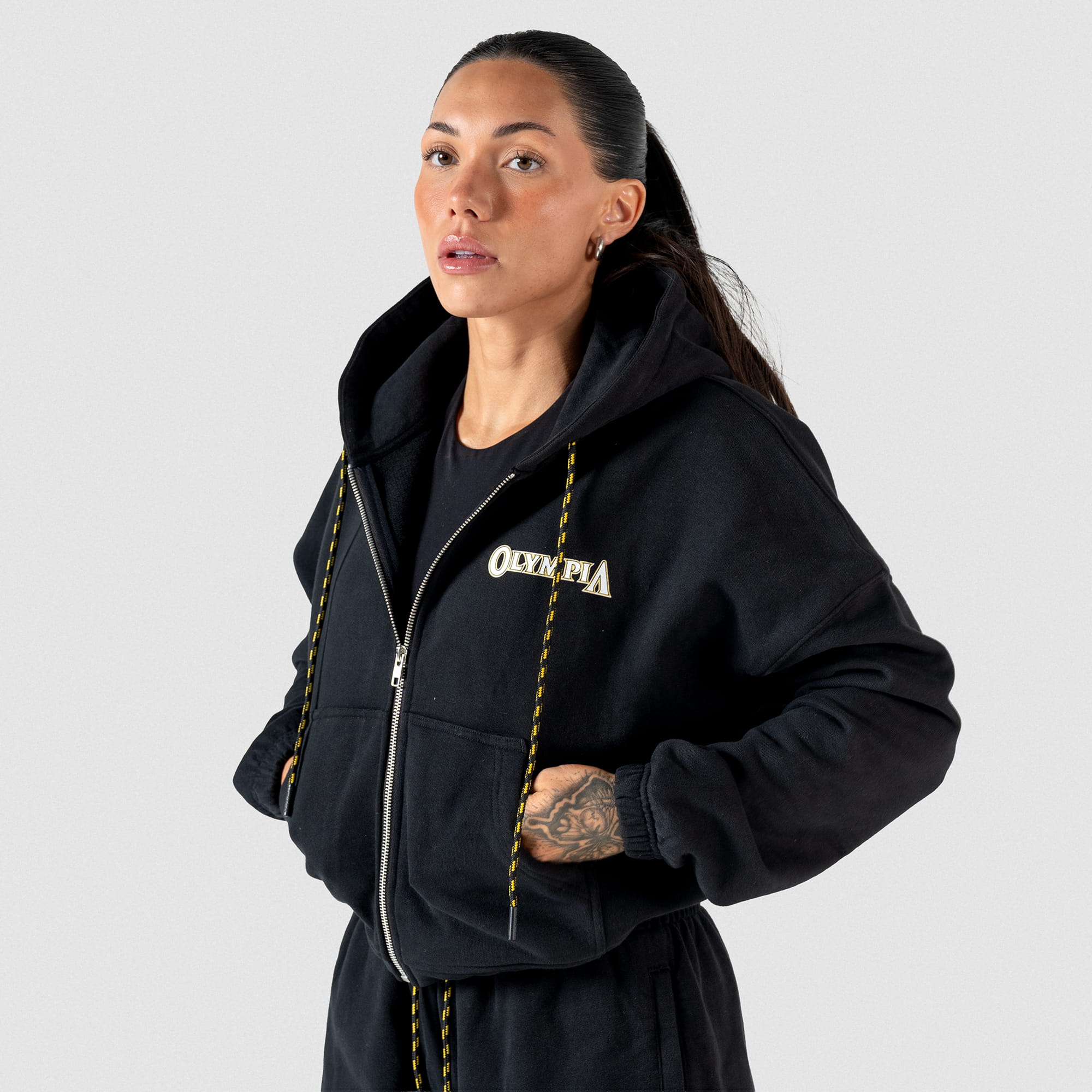 MAXIMUM THE HORMONE ジップアップフーディ 黒 Champions Gold Cropped Zip-Up Hoodie | Gymreapers x Olympia