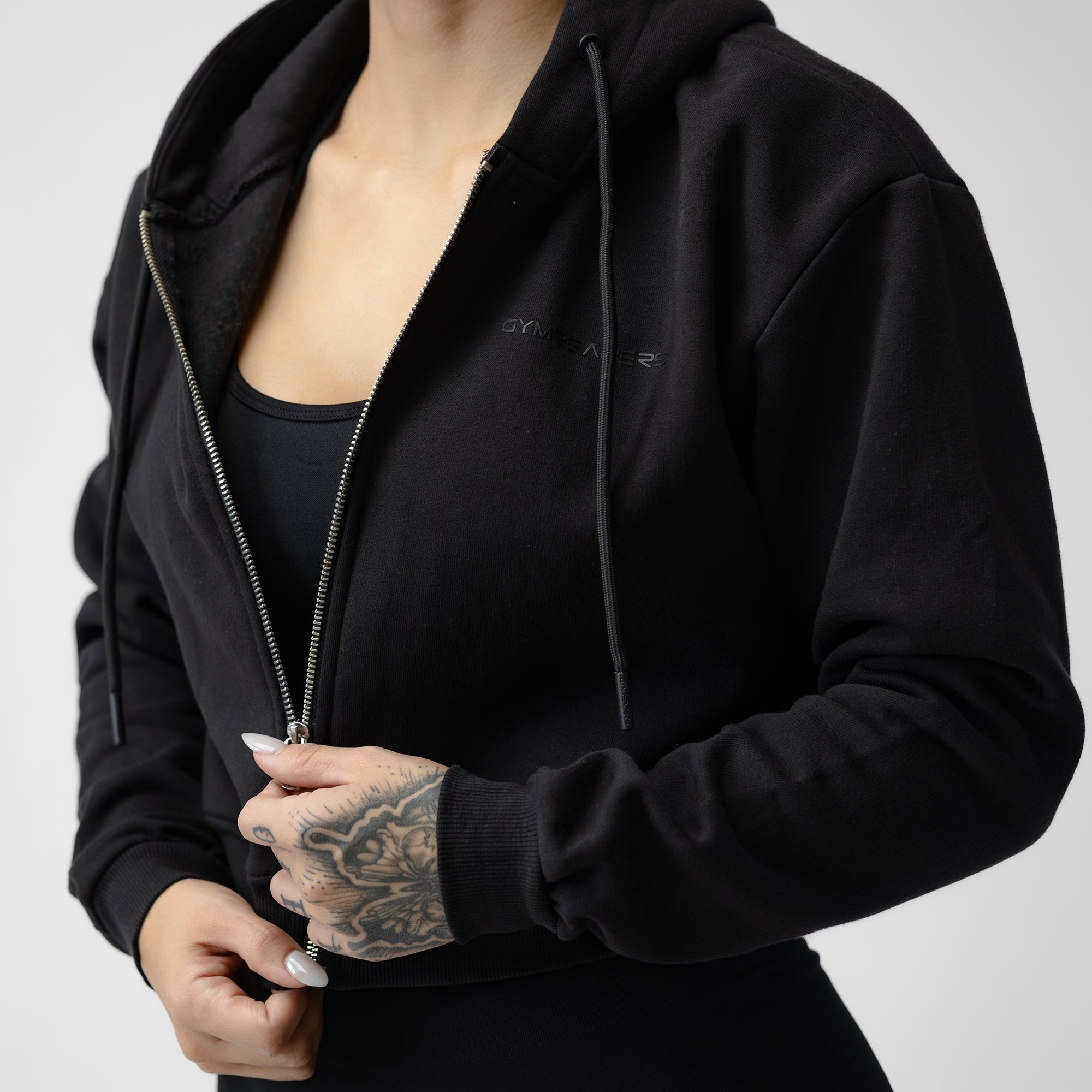 black black cropped hoodie close up detail
