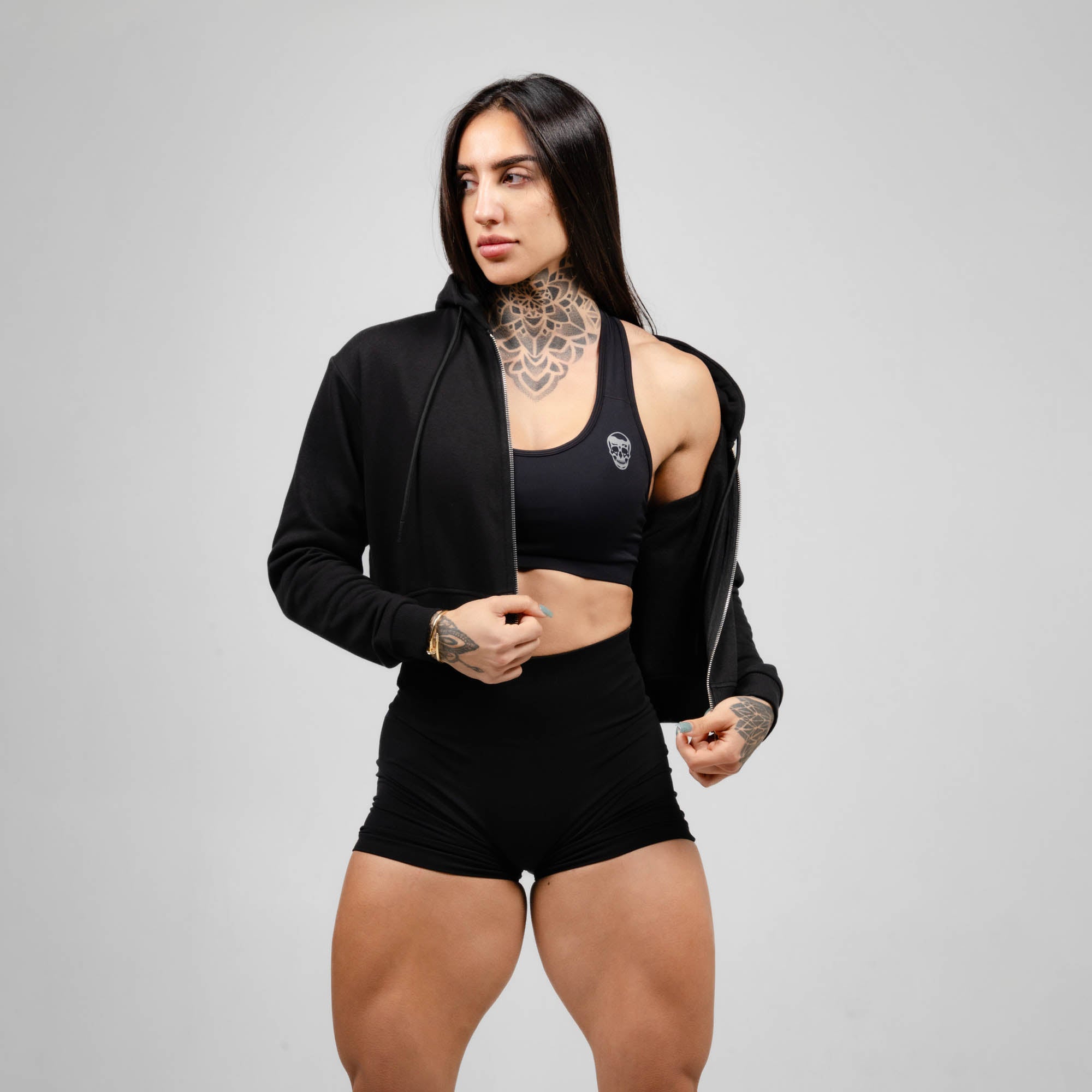 black black cropped hoodie unzipped