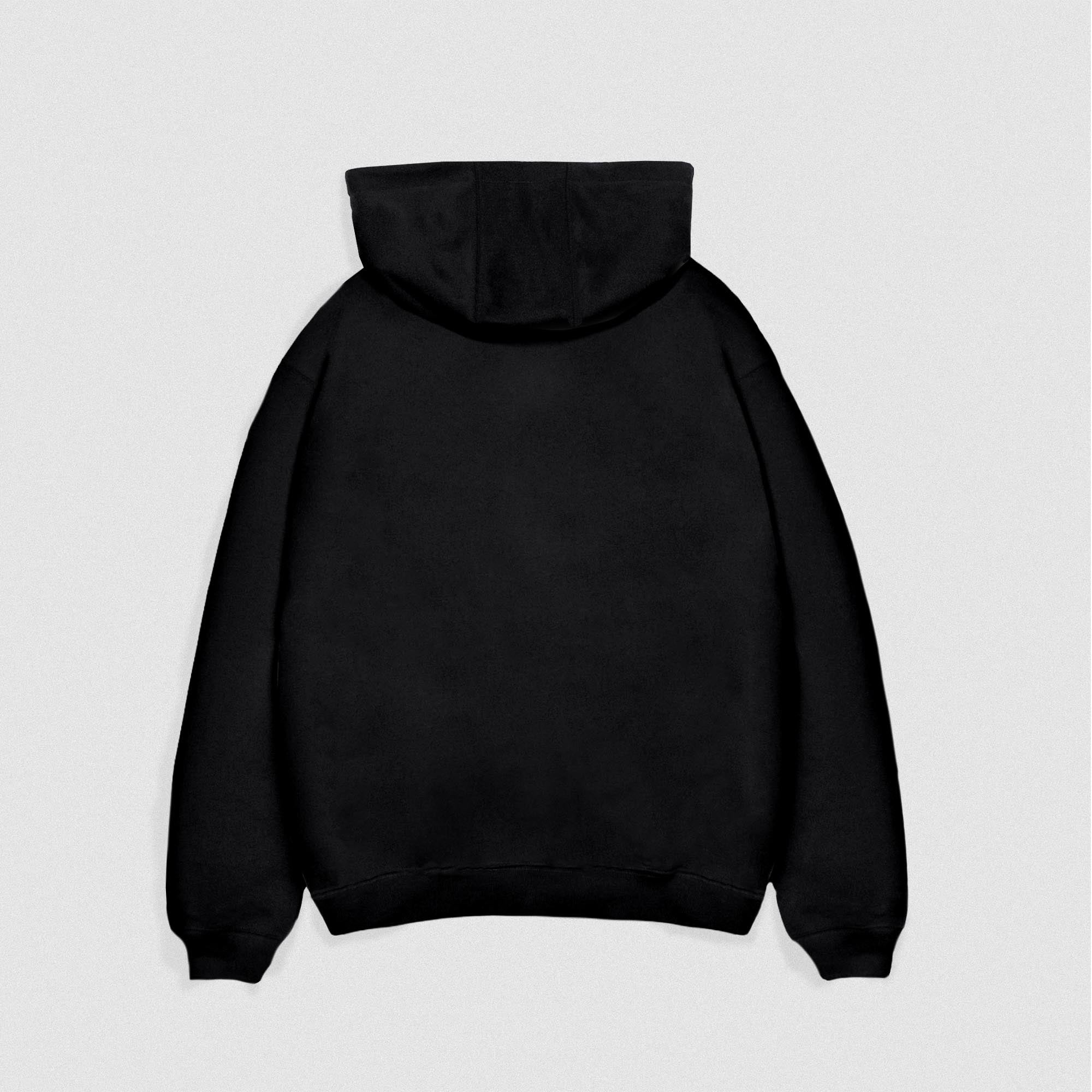 Black/Black Heavyweight Hoodie lay flat back view