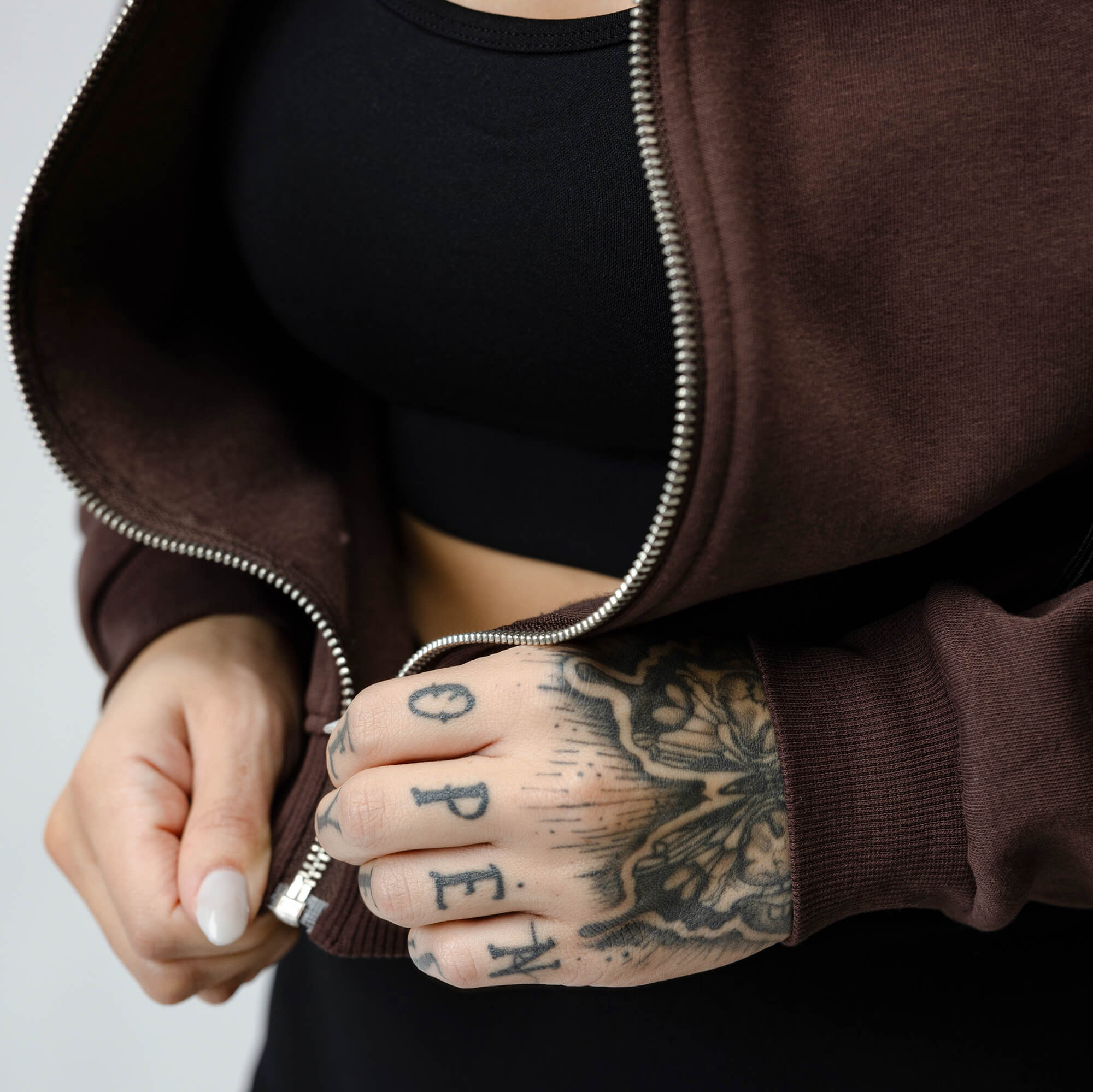 brown cropped hoodie zipper