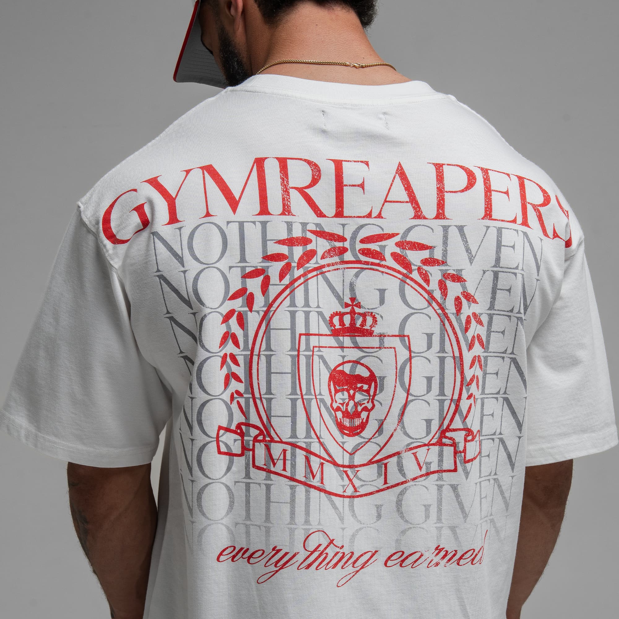 Athlete wearing the GR Emblem Tee close up shot of back graphic