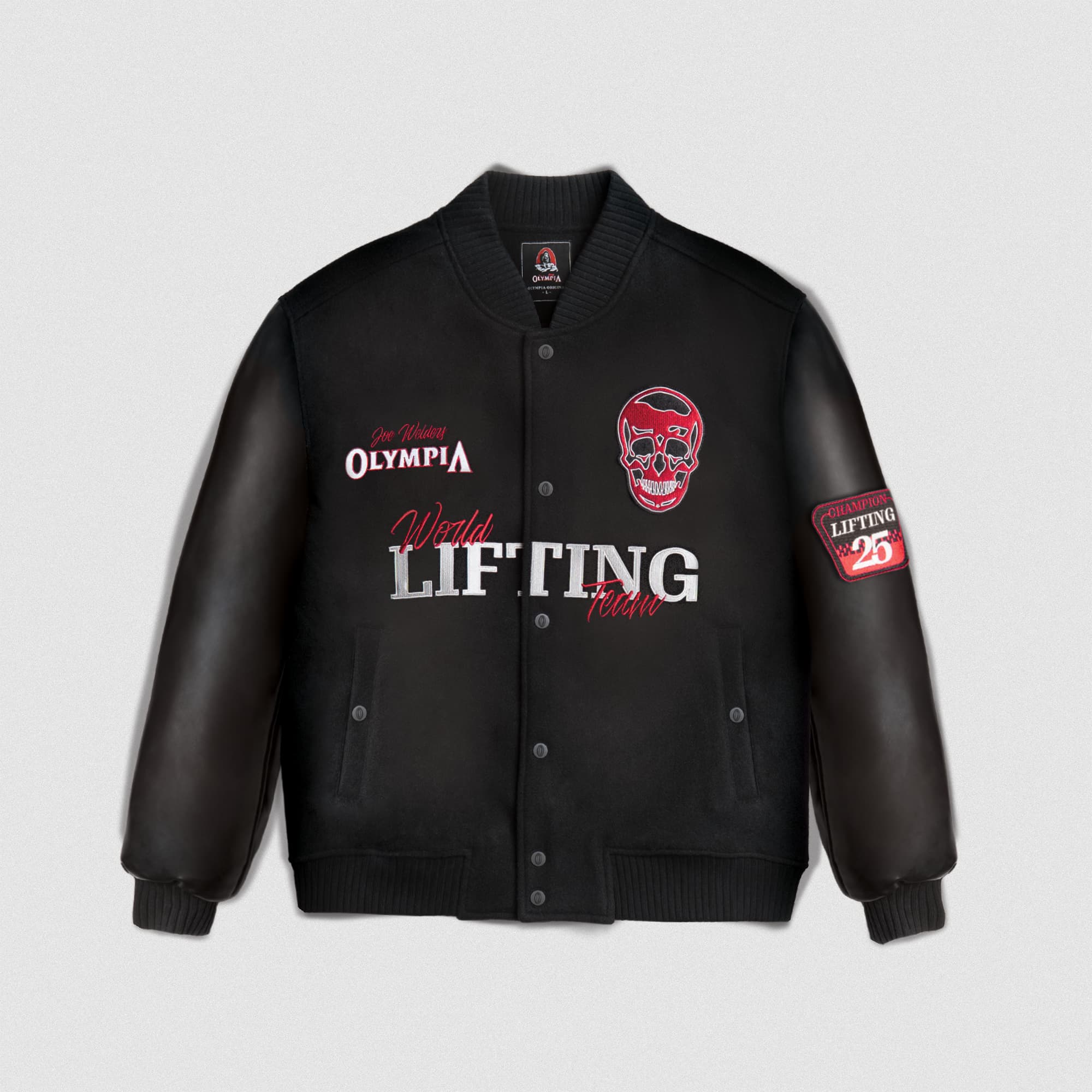 Front view of the GRxO Racing Team Varsity Jacket with Olympia logo, skull graphic, and “World Lifting Team” lettering.