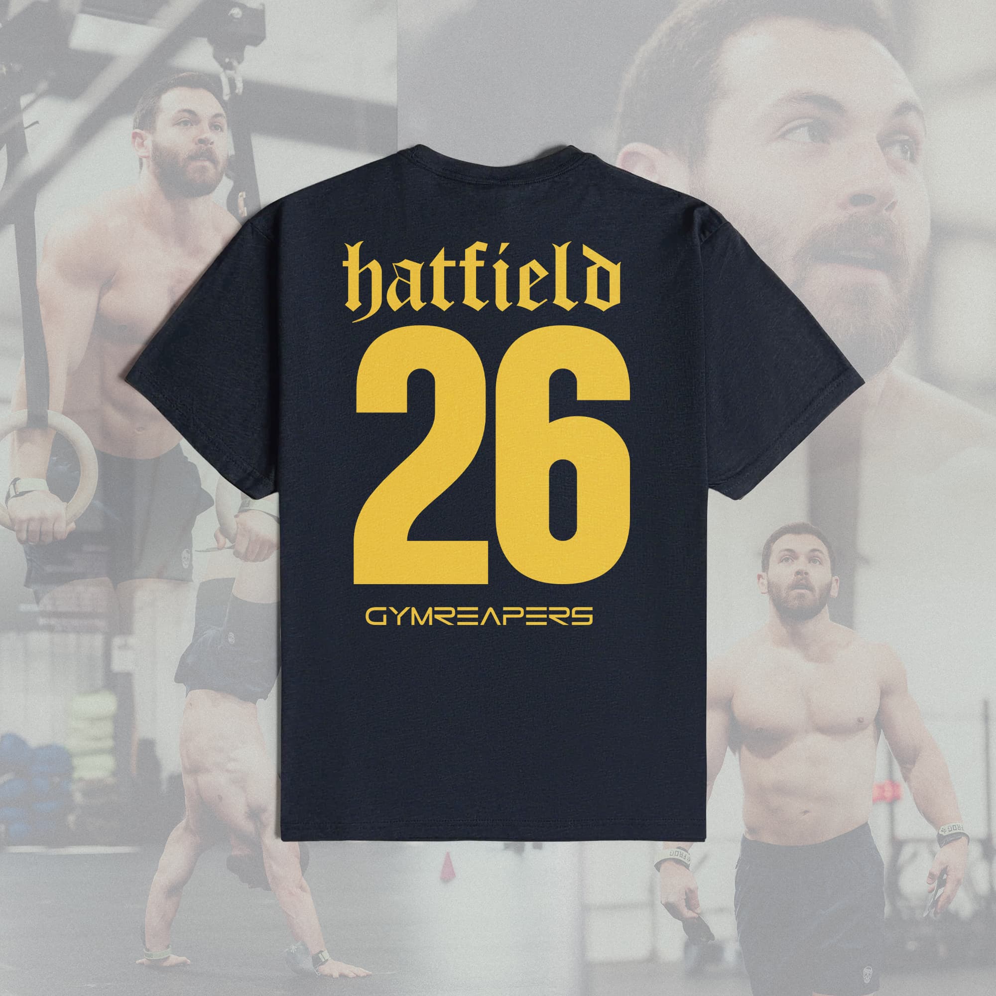 Back view of the navy Hatfield Tee with yellow "hatfield" name, large "26," and Gymreapers logo below.