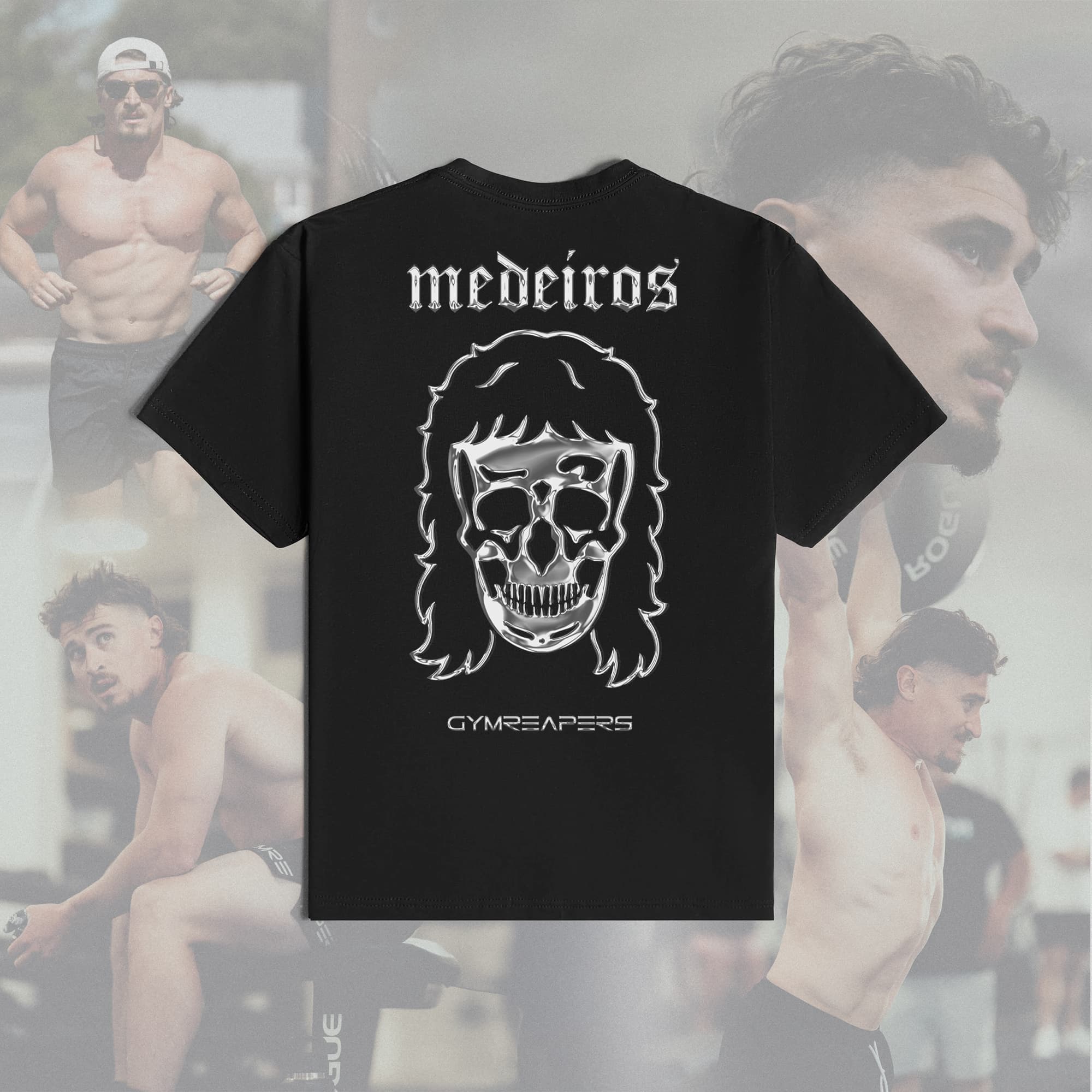 Back of the Justin Medeiros Signature Tee featuring “medeiros” text, skull graphic, and GYMREAPERS logo over a collage of Justin training.
